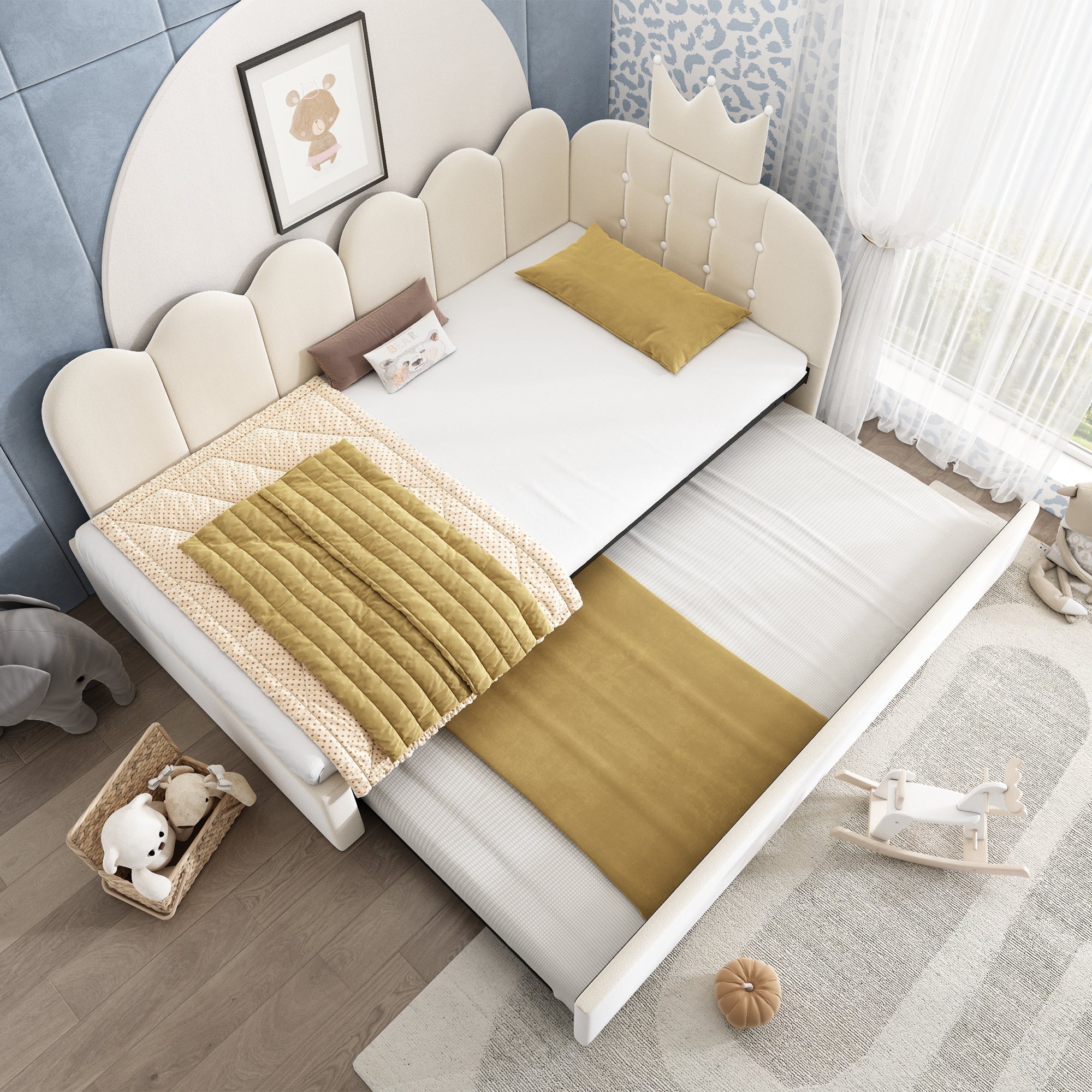 L-Shaped Sofa Bed with Pull-out Bed, Crown Lattice Design, 90x200cm, Beige Velvet