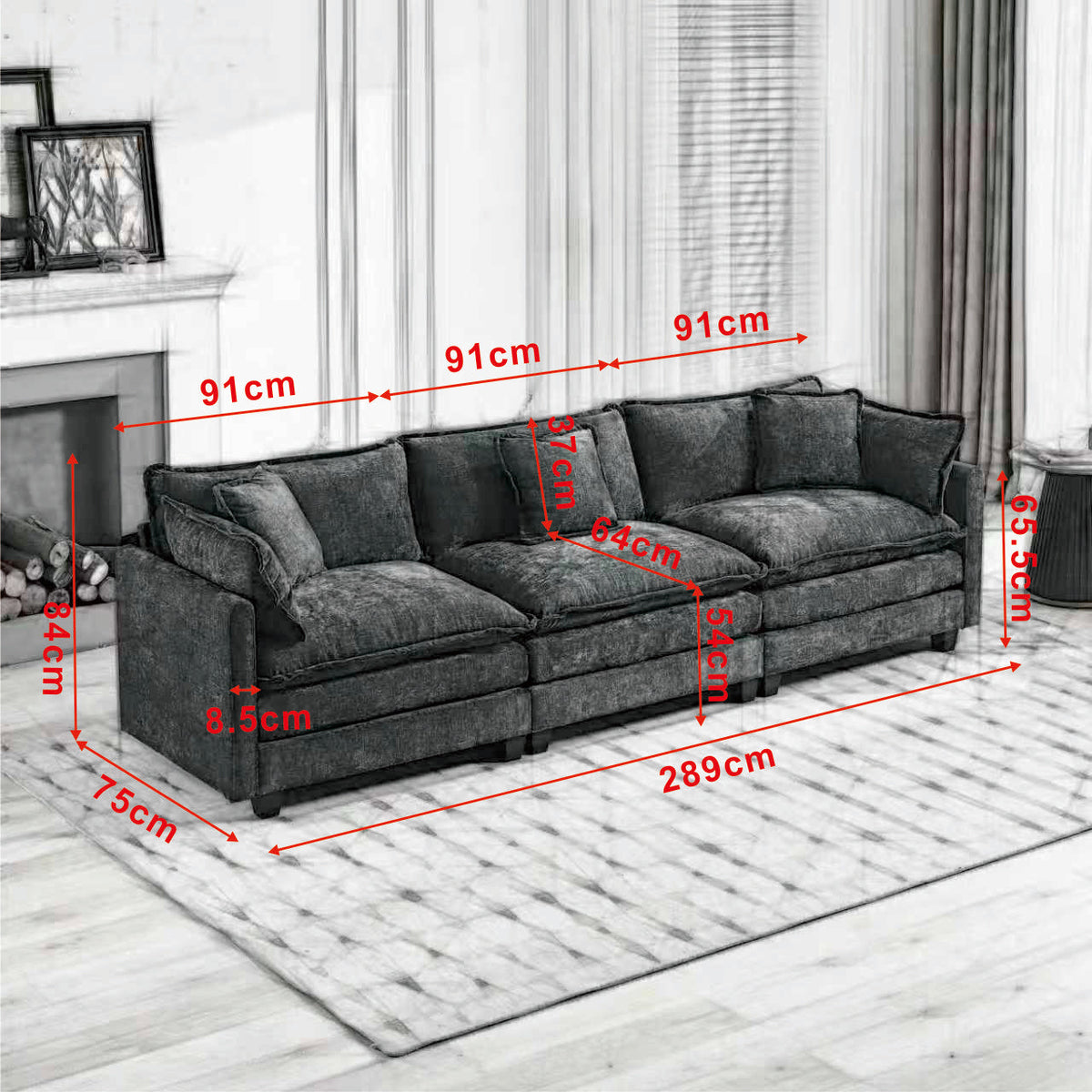 Cloud Sofa 3-Seat Sectional Couch with Double Layer Upholstered Cushion, Green Chenille Fabric