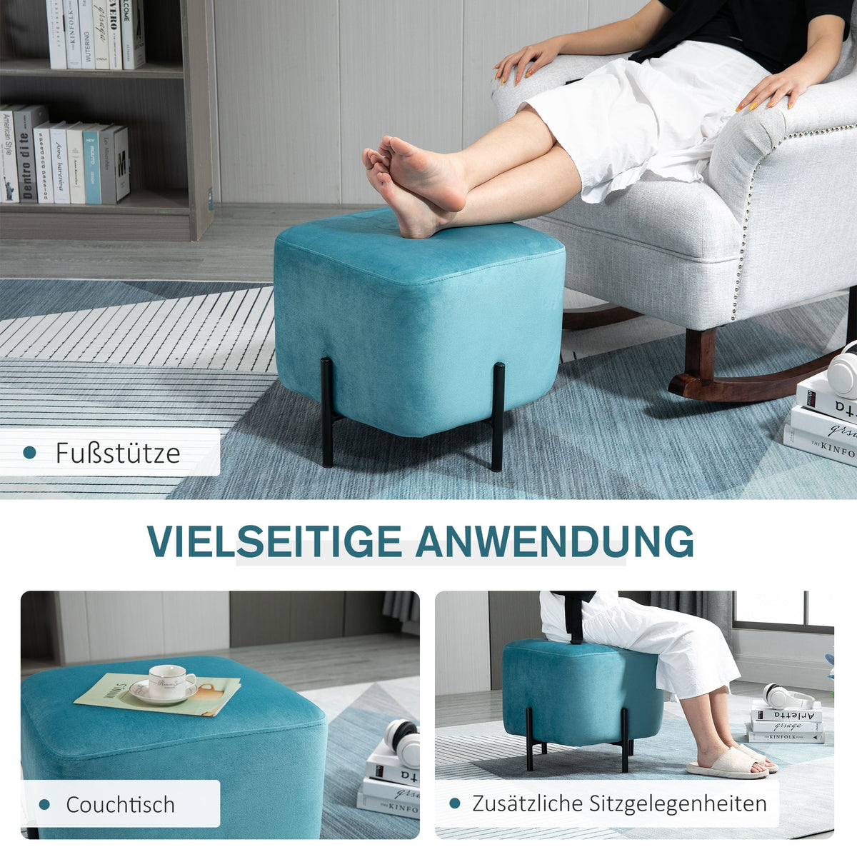 Footstool, Padded Footrest, Polyester & Steel, Turquoise