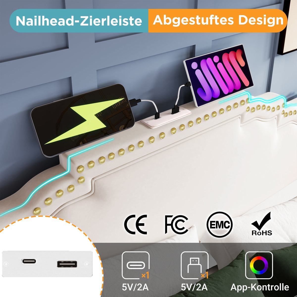 Upholstered Bed 180x200cm with 4 Drawers, LED Lighting and USB-C, Beige Velvet