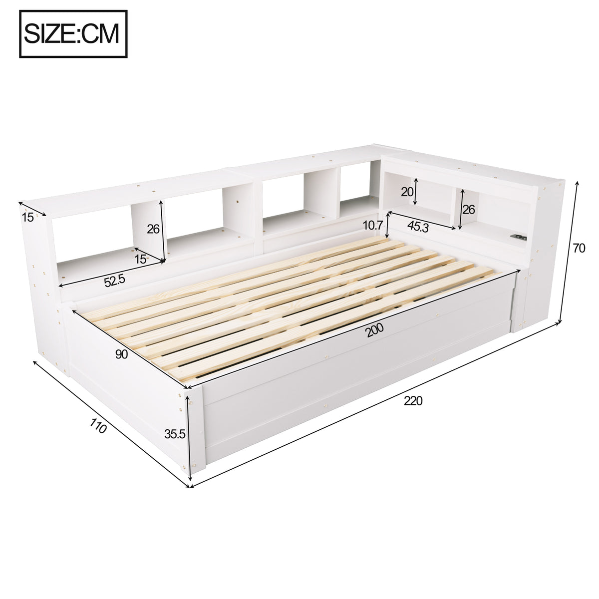 Sofa Bed 90x200 cm with Hydraulic Storage & LED - White