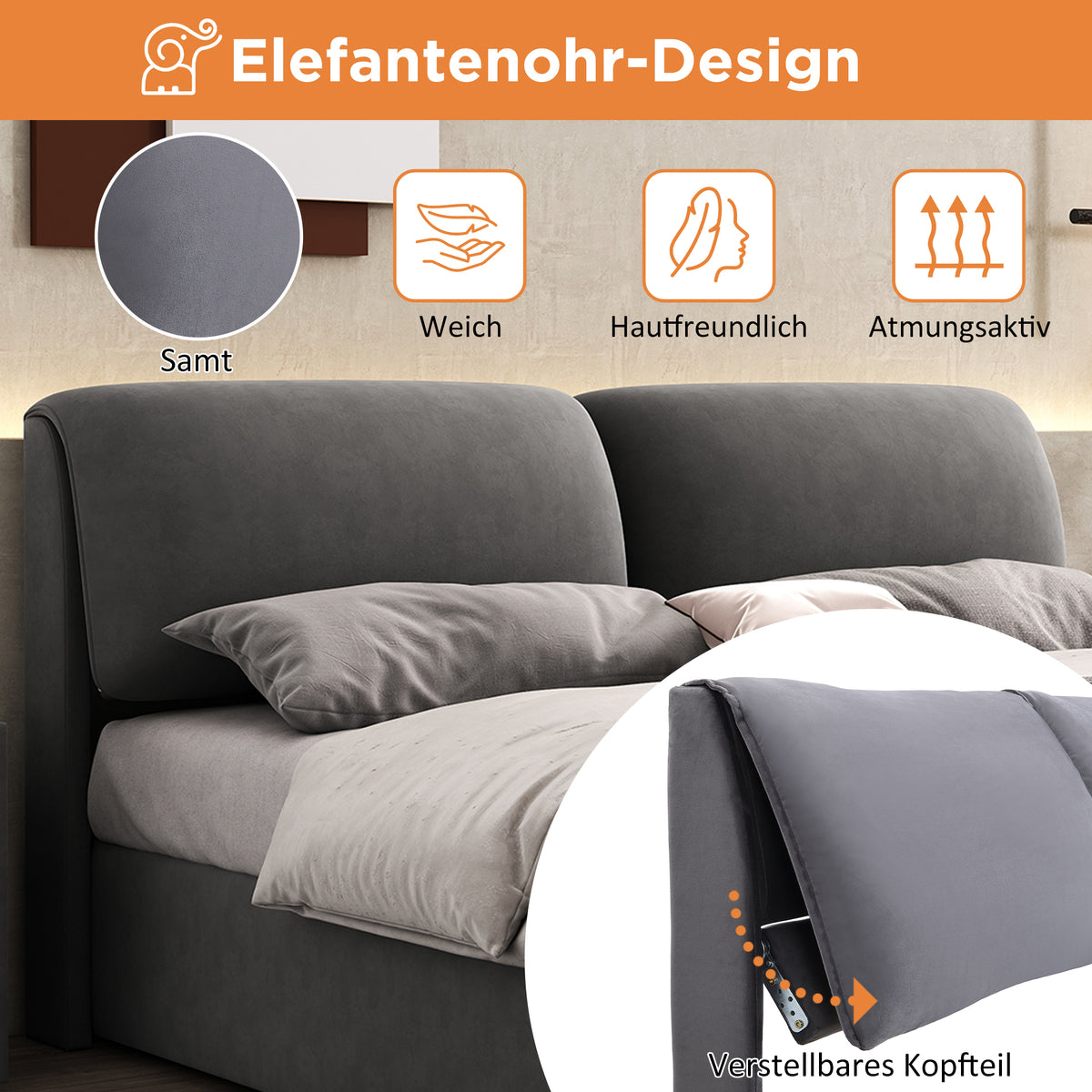 Upholstered Bed 180x200 with Hydraulic Storage, Grey Velvet