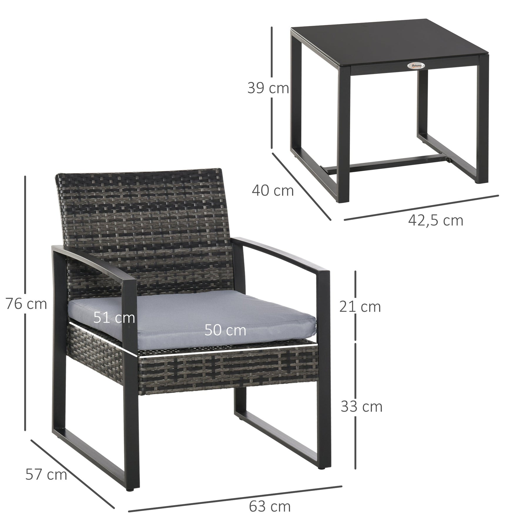 Polyrattan Balcony Set for 2 People, Weatherproof Cushions, Grey