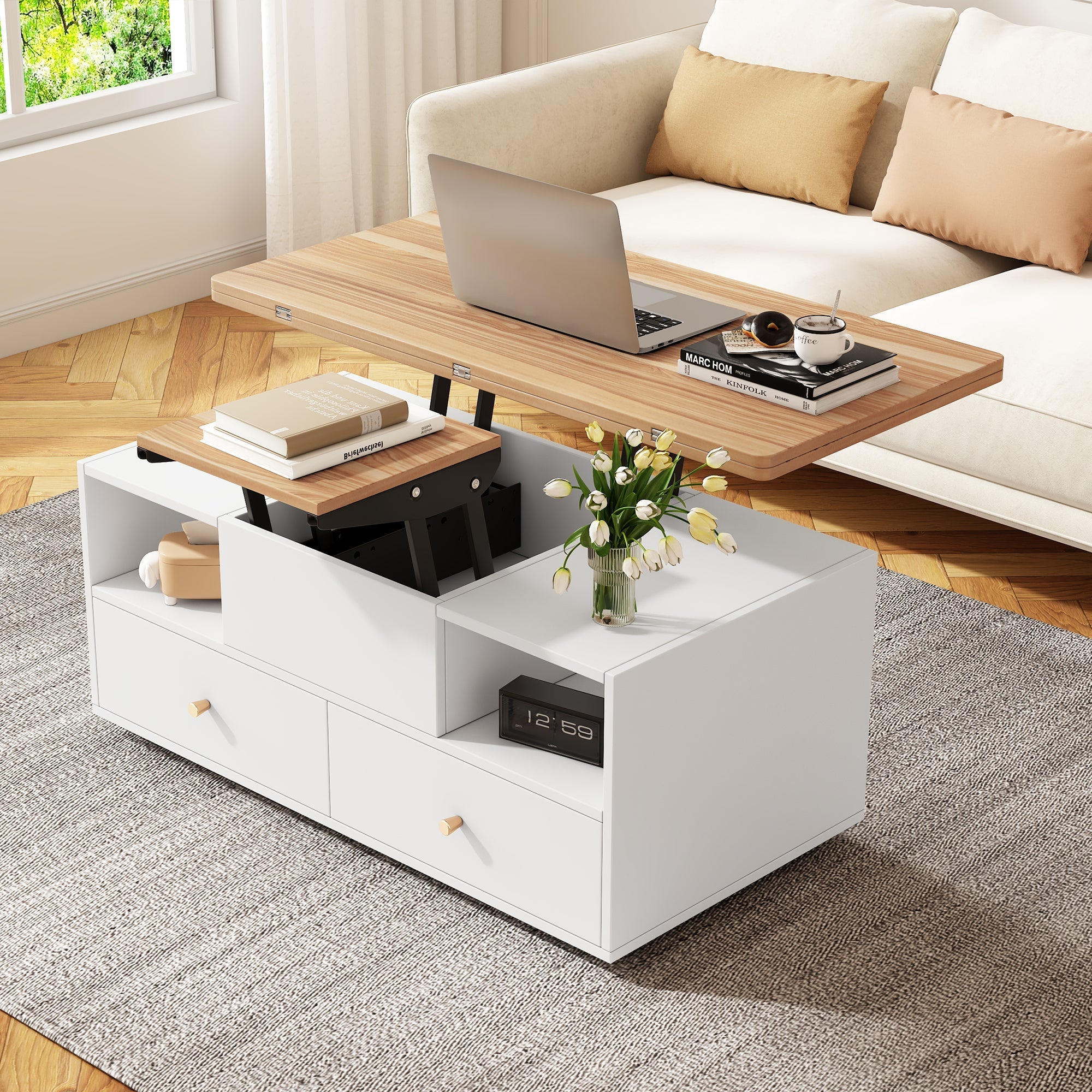 Coffee Table Adjustable Folding 4 Drawers Lift Table Movable Casters