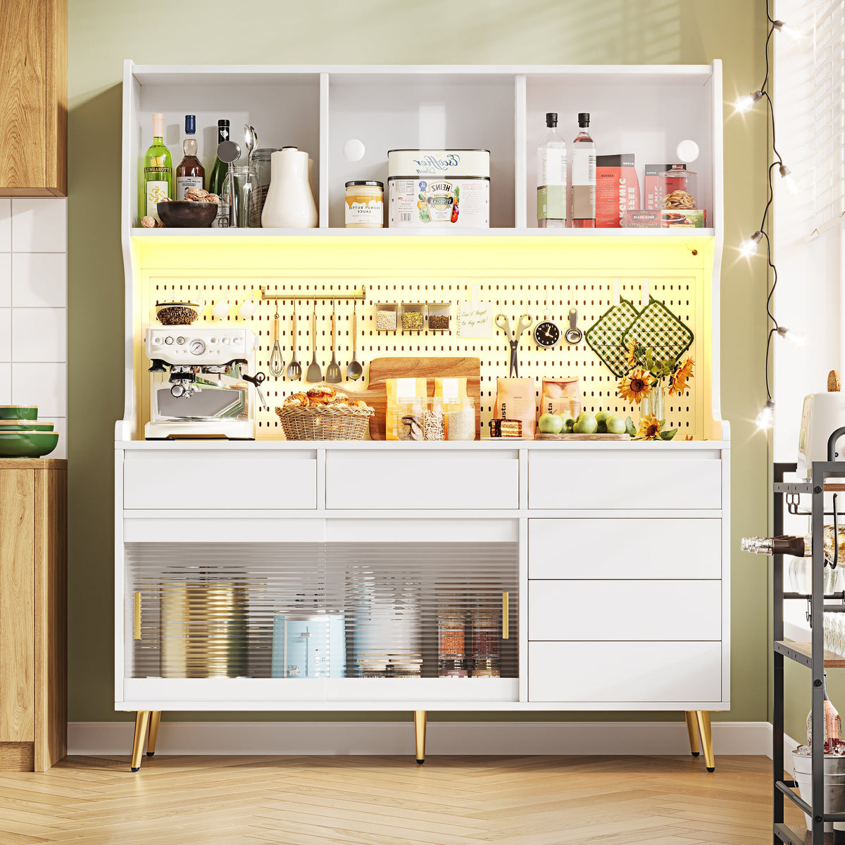 Modern Tall Cabinet with LED & App Control, Pegboard Storage - White