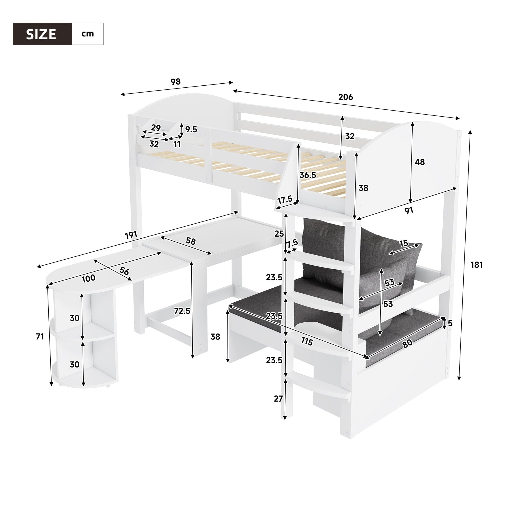 Children's Bunk Bed Multifunctional Ladder Pull-out Table Storage Sofa 90x200, White