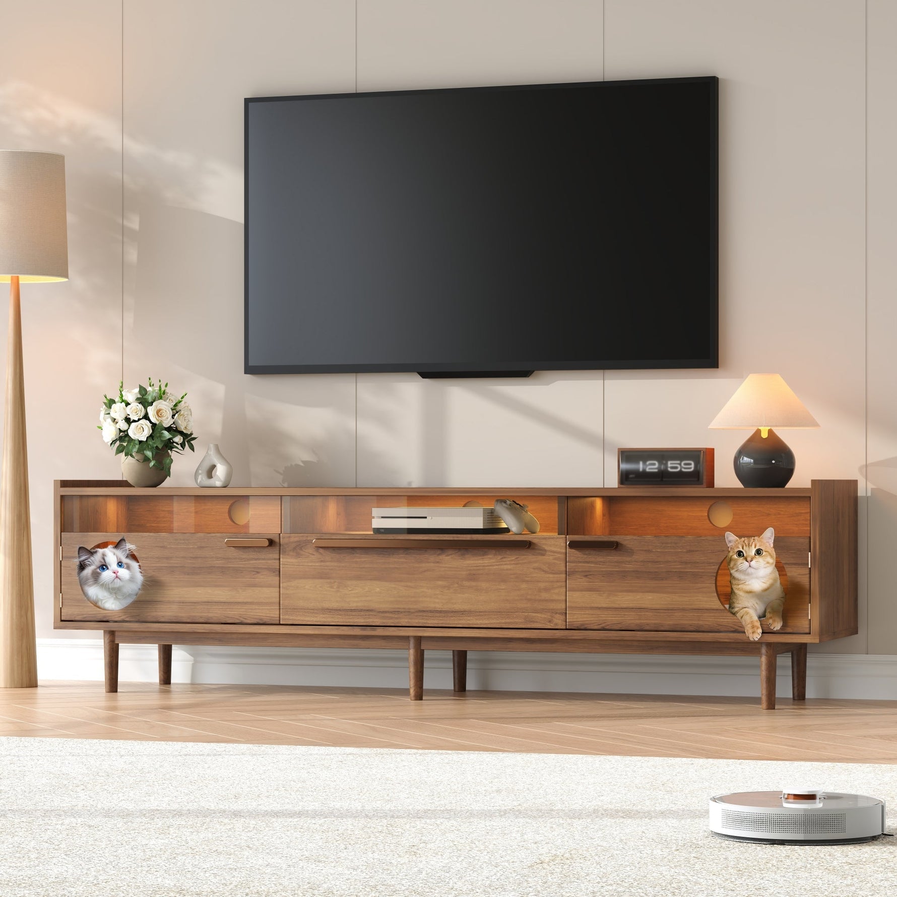 TV Cabinet & Coffee Table Set, 2-Piece LED Cat Basket, Walnut