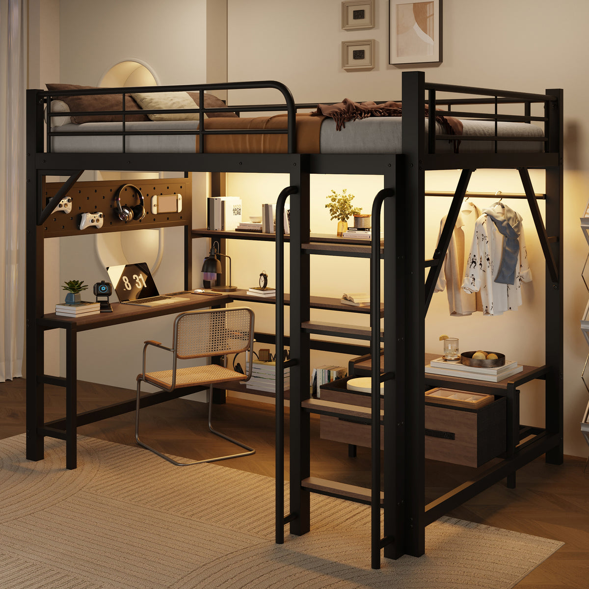 Loft Bed 140x200cm with Desk, LED Light & Shelves, Black Iron