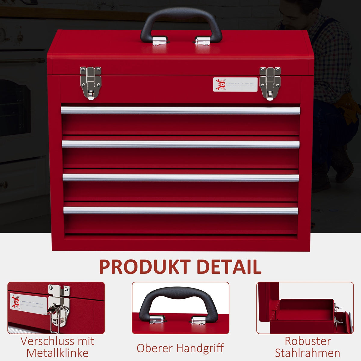 DURHAND Empty Tool Case, 4 Drawers, Top Storage, Lockable, Steel