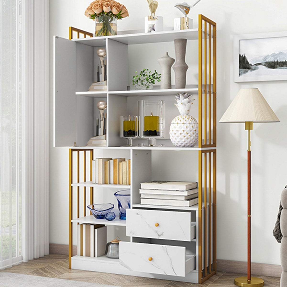 Bookcase, 6-Shelf Vertical with Doors & Drawers, Industrial Steel, White Marbled with Gold Frame