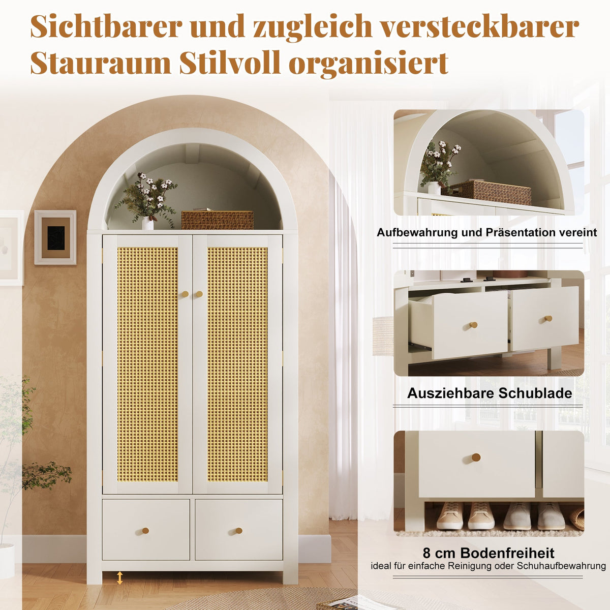 Wardrobe with Rattan Weave and 2 Doors, 181x78x45cm, White Wood