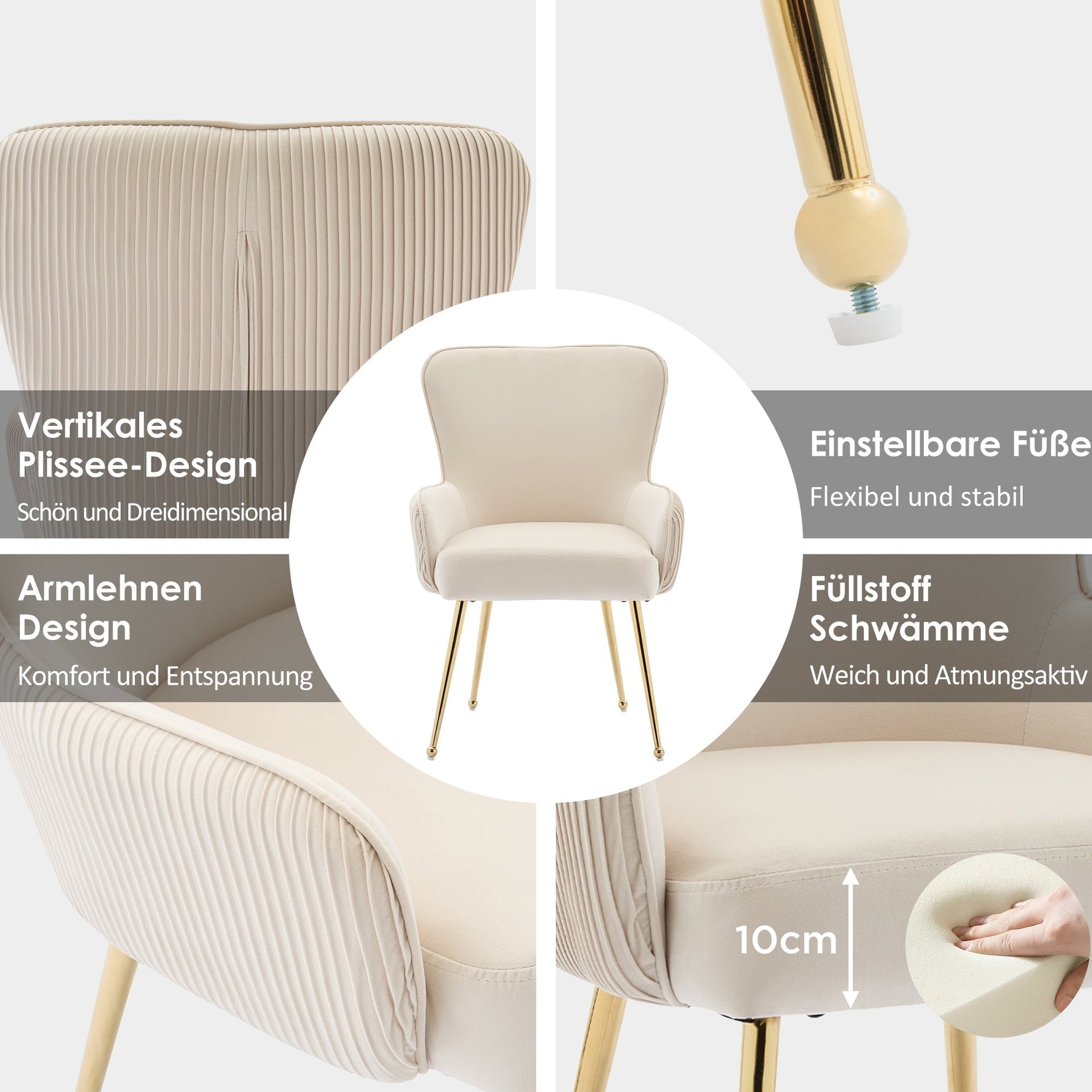 Velvet Dining Chair Set of 2 Armrests Gold Metal Legs Lumbar Support - Beige