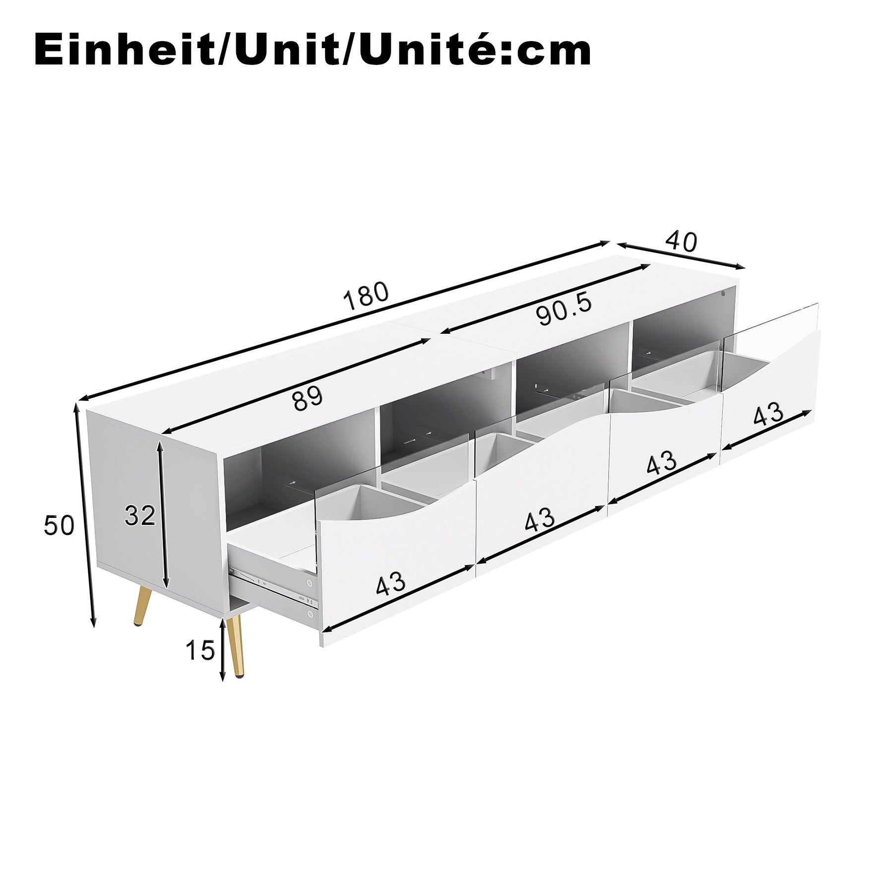 Modern TV Cabinet 180x50cm LED Lighting Glass Front Storage Lowboard White Gold Metal