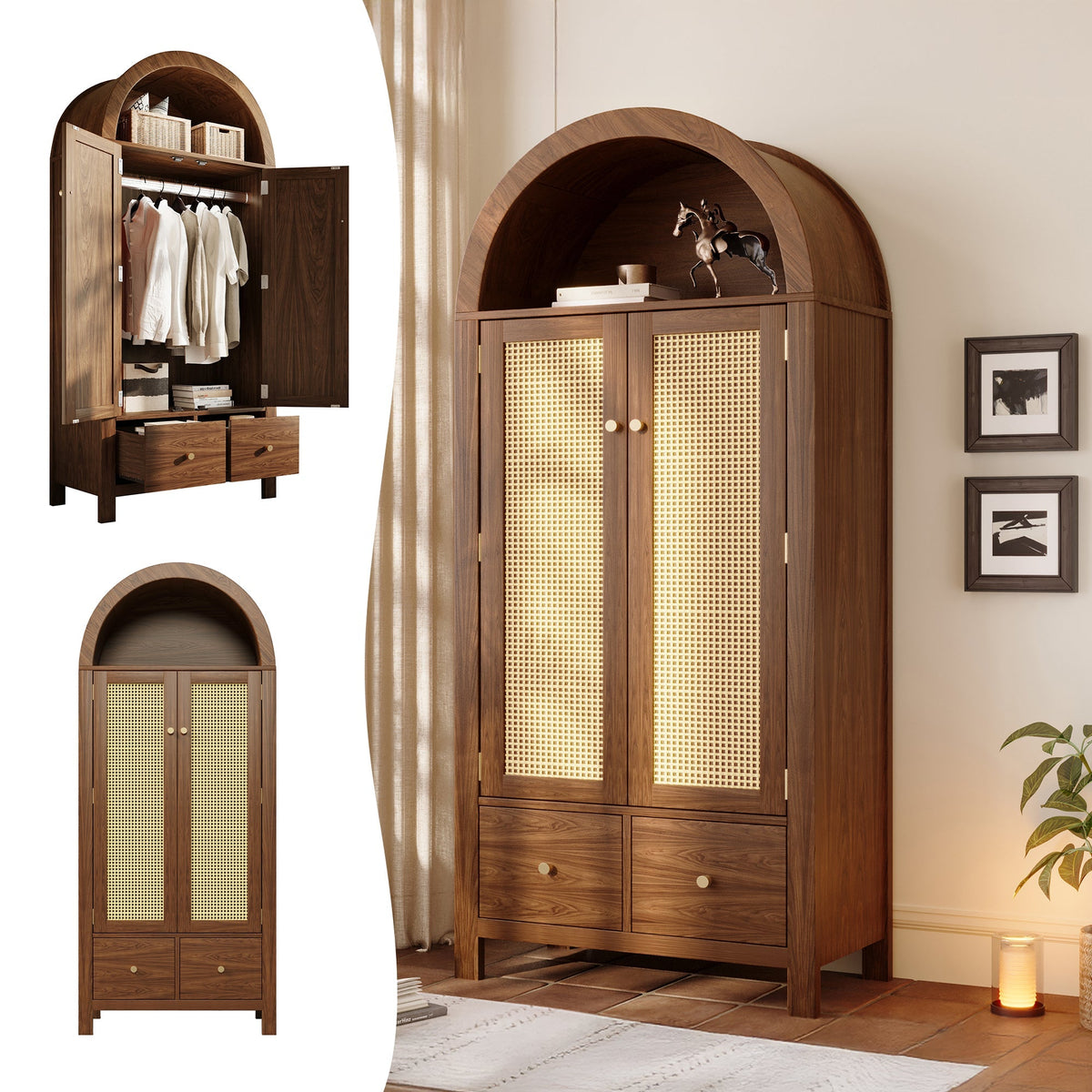 Wardrobe with Rattan Weave and 2 Drawers, Walnut Look