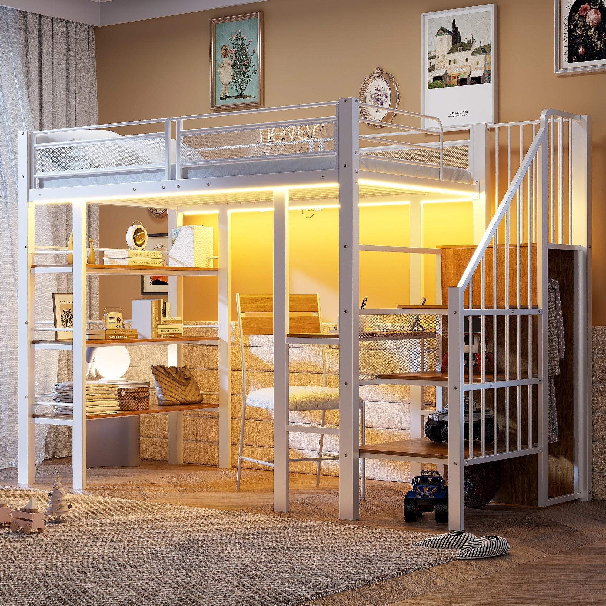 Loft Bed with LED Light Strip, Desk and Storage Shelves, White Metal