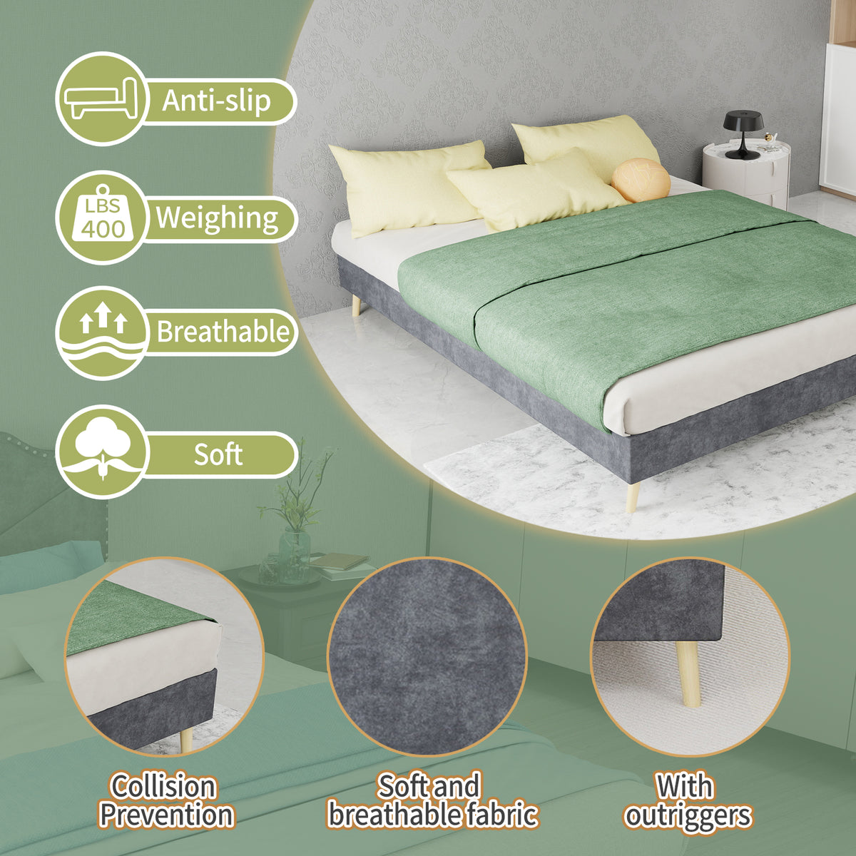 Modern Minimalist Bed Frame, 140x200cm with Mattress, Gray Velvet