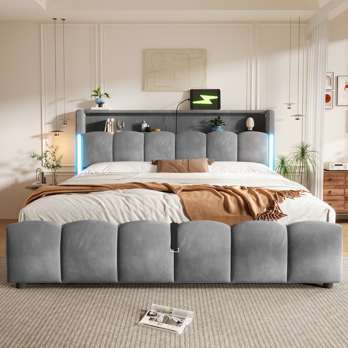 Upholstered Storage Bed 180x200 cm with LED in Velvet