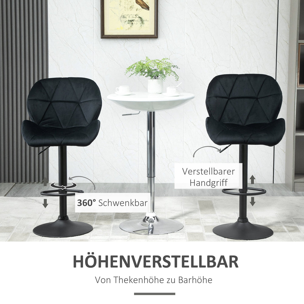 Bar Stools, Swivel Height-Adjustable with Backrest, Velvet Black