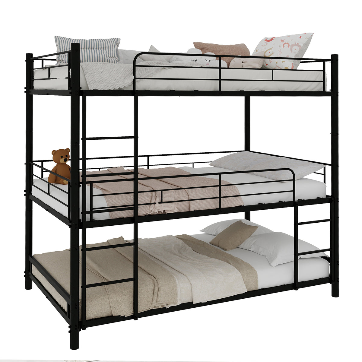 Three-Tier Bed Frame 90x190cm with Ladder & Guardrails