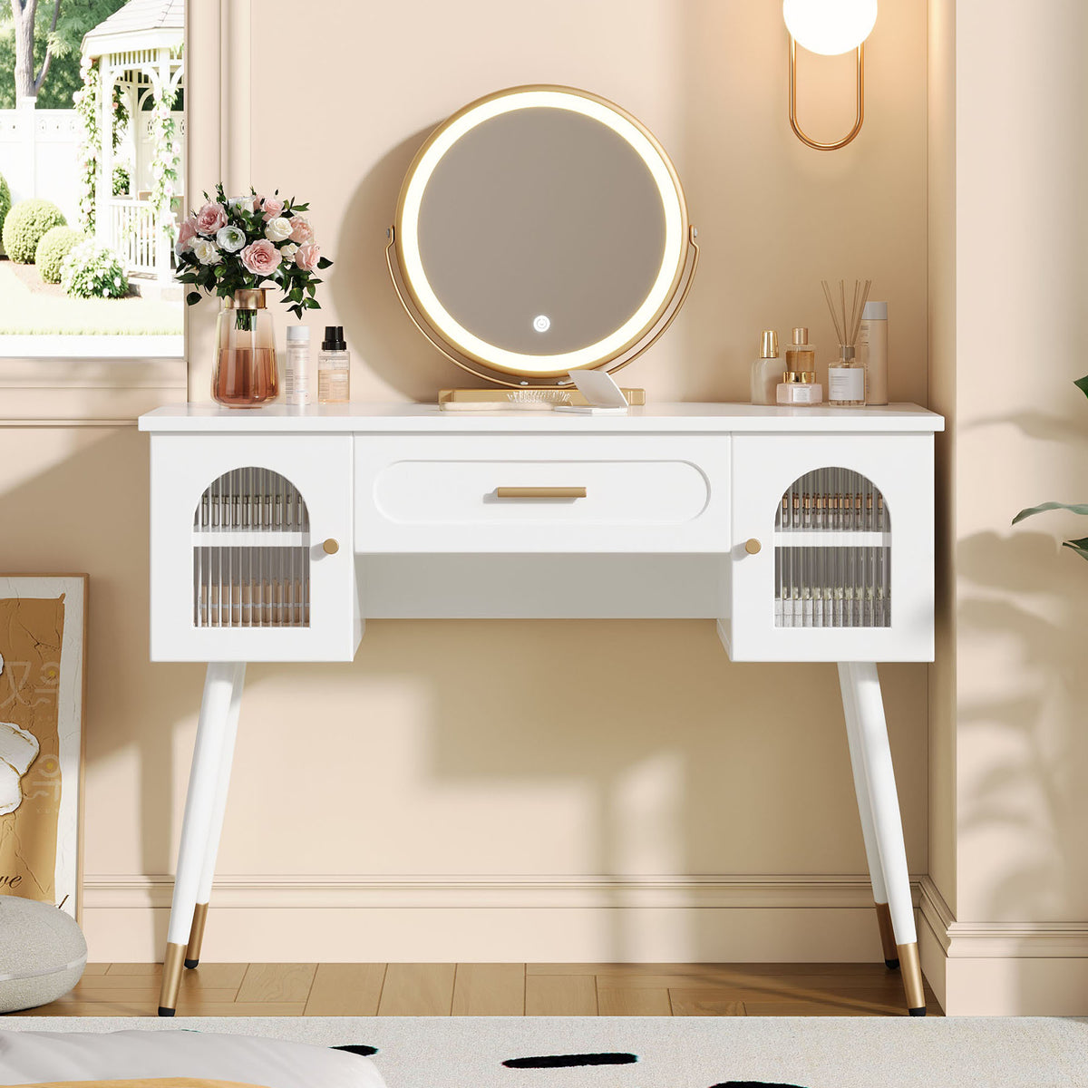 LED Dressing Table with Mirror, 1 Drawer & 2 Doors, White