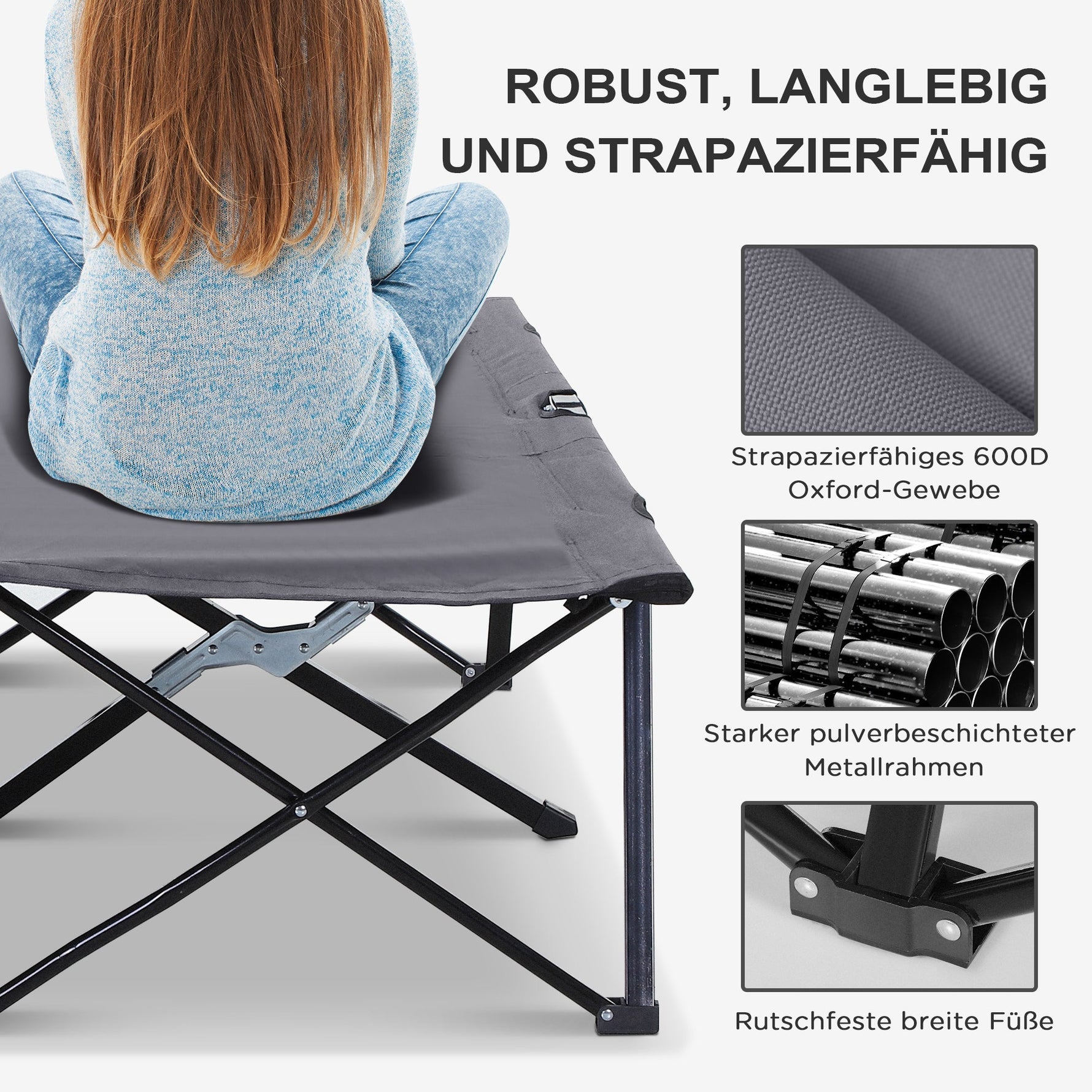 Folding Camping Bed, 2 Person, 136 kg, Steel Oxford Grey