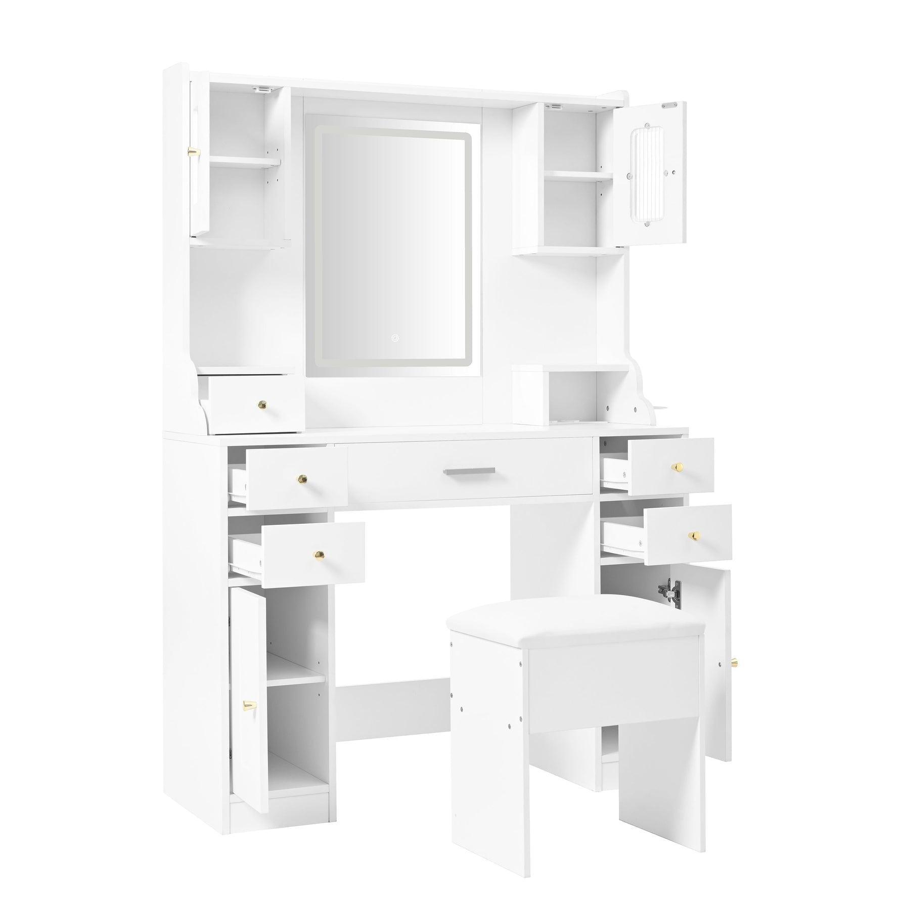 Dressing table with adjustable LED lighting, power outlets, mirror, 6 drawers, 4 doors, white