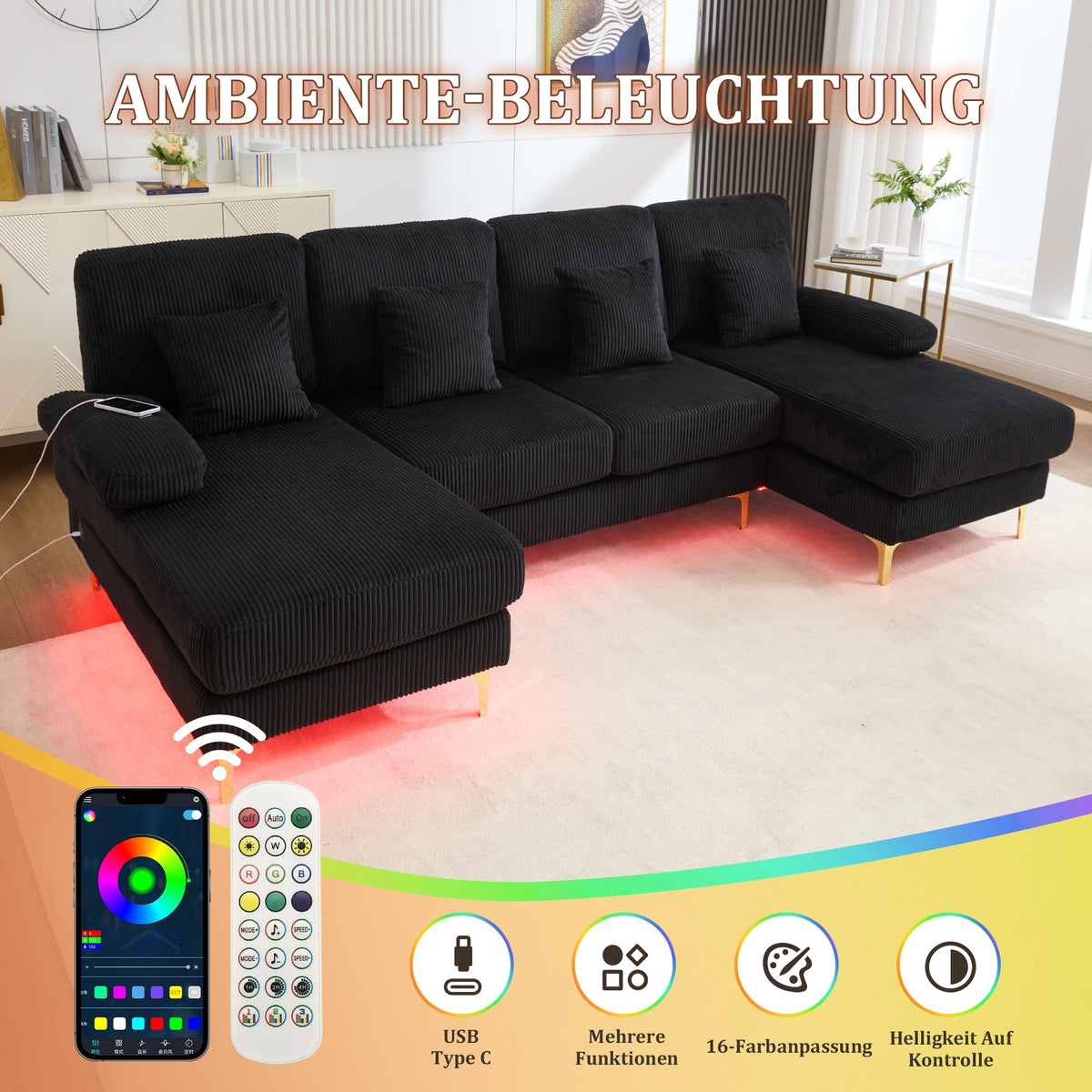 Modern U-shaped Sofa, LED Ambient Lighting, USB-C Port, Ergonomic Backrest, Black