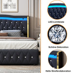 Upholstered Bed, 140x200cm LED Hydraulic Storage, Velvet Black