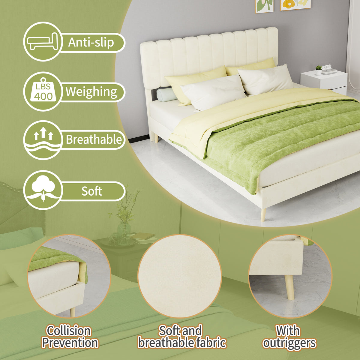 Upholstered Bed 160x200cm with Soft Headboard & Mattress, Beige