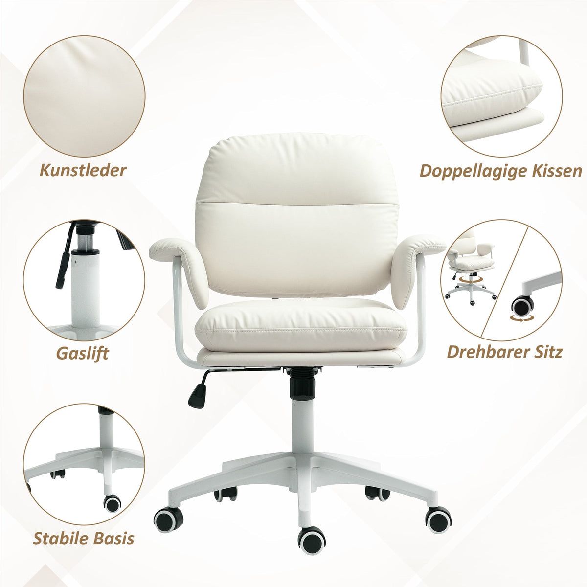 Office Chair Swivel Height-Adjustable Footrest 120kg, Faux Leather White