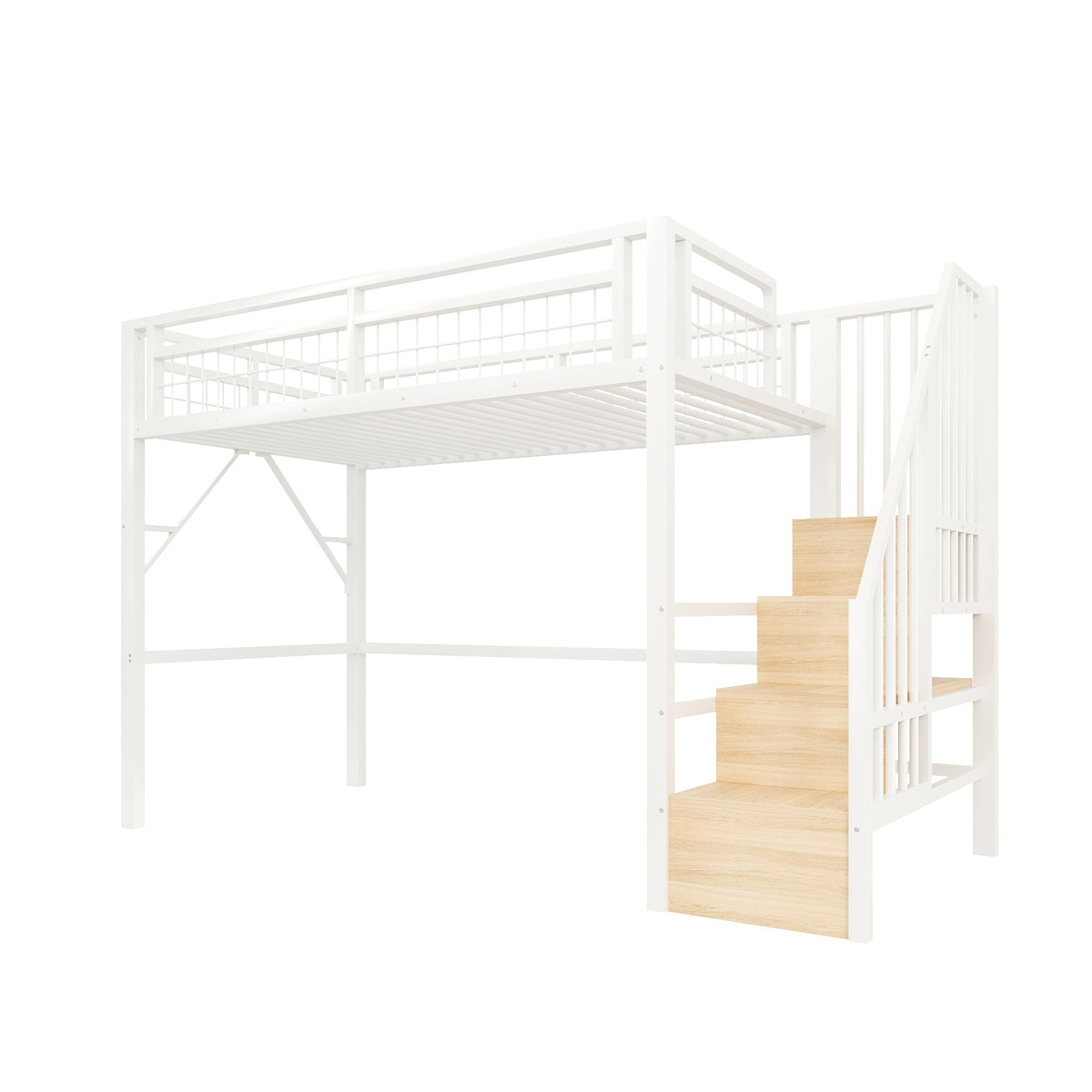 Loft Bed 90x200cm with LED & Storage Staircase - White Iron Frame