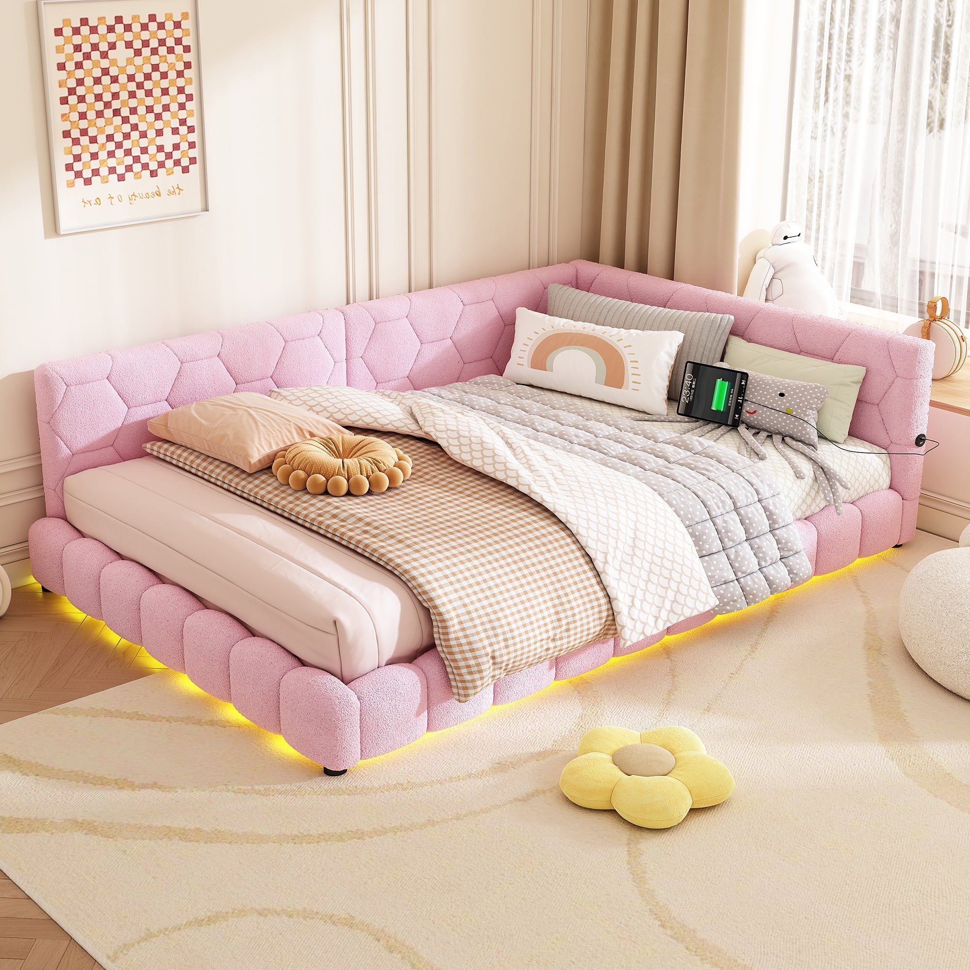 Daybed Sofa Bed 140x200cm Ambient Light USB/Type-C - Pink Faux Fleece