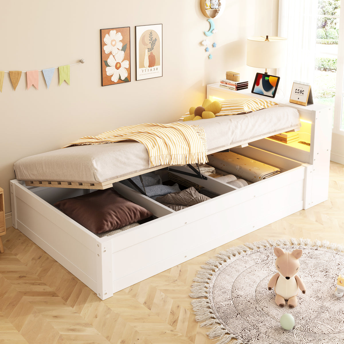 Sofa Bed 90x200cm with Storage & LED Light, Solid Wood, White