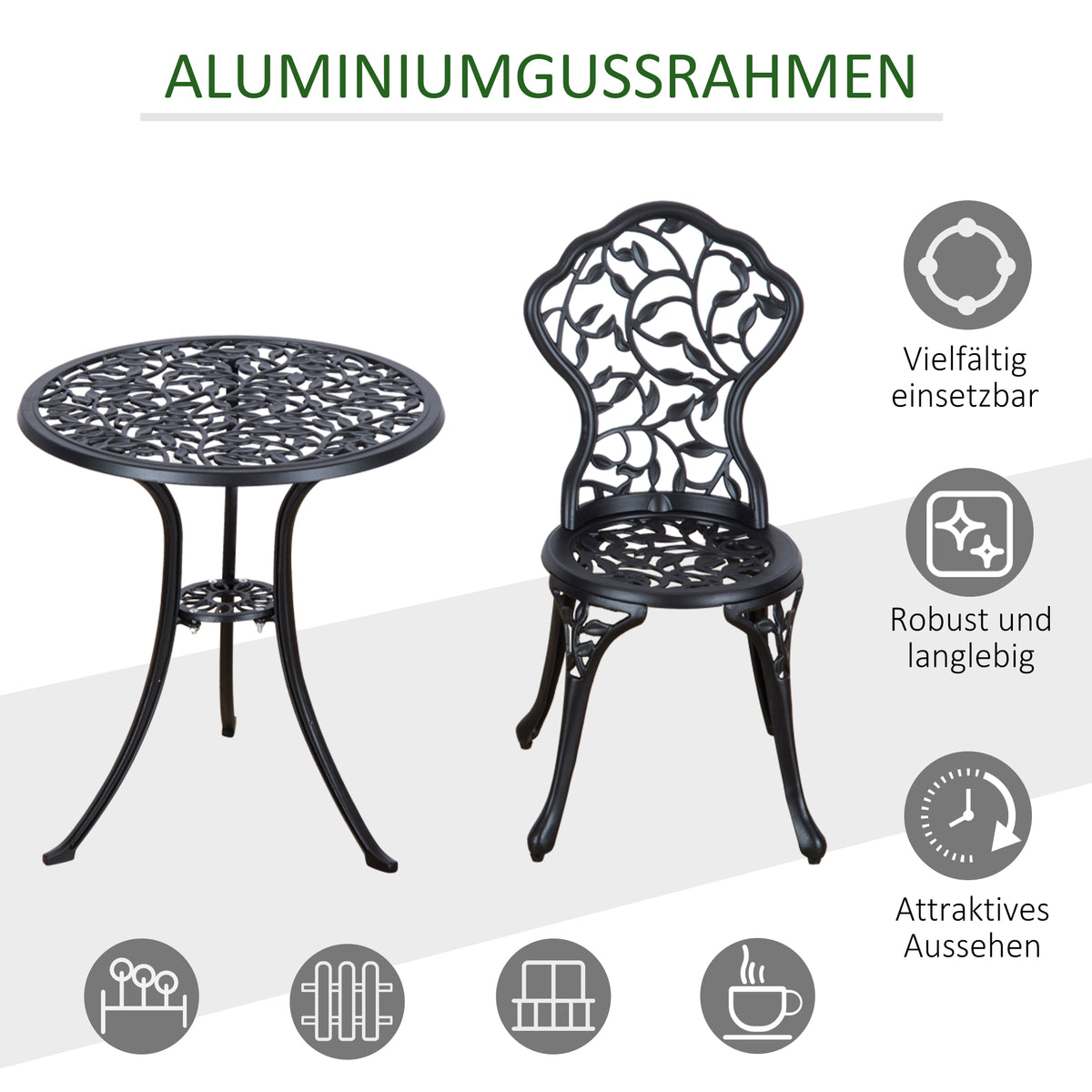 Bistro Set for 2, Balcony Set with Table & 2 Chairs, Black