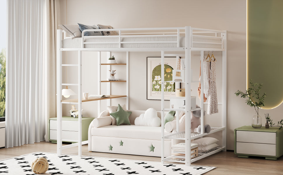 Loft Bed, Ladder & Table, Storage, White