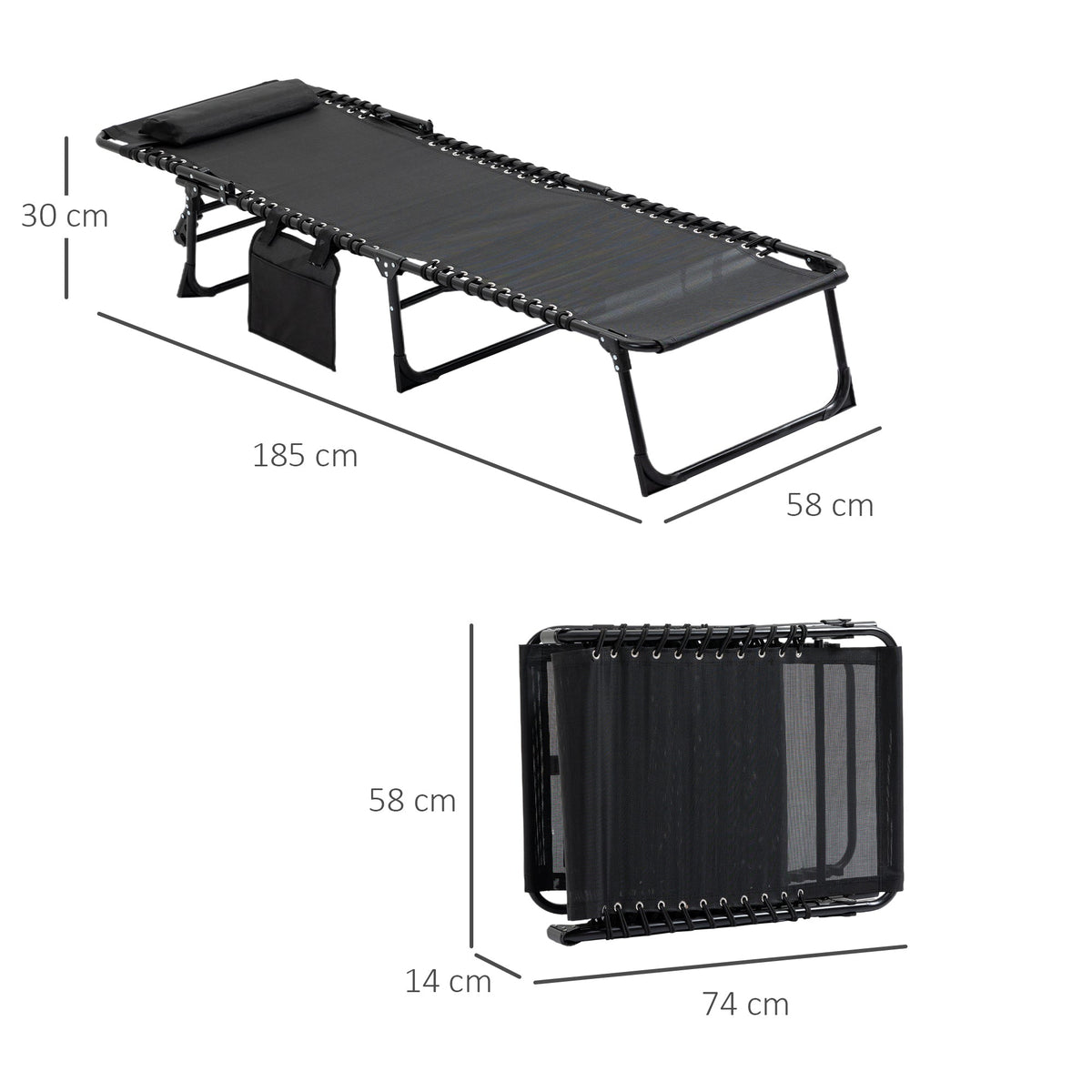 Folding Chaise Loungue Sun Lounger 5 Position Adjustable Backrest Removable Headrest Black Fabric