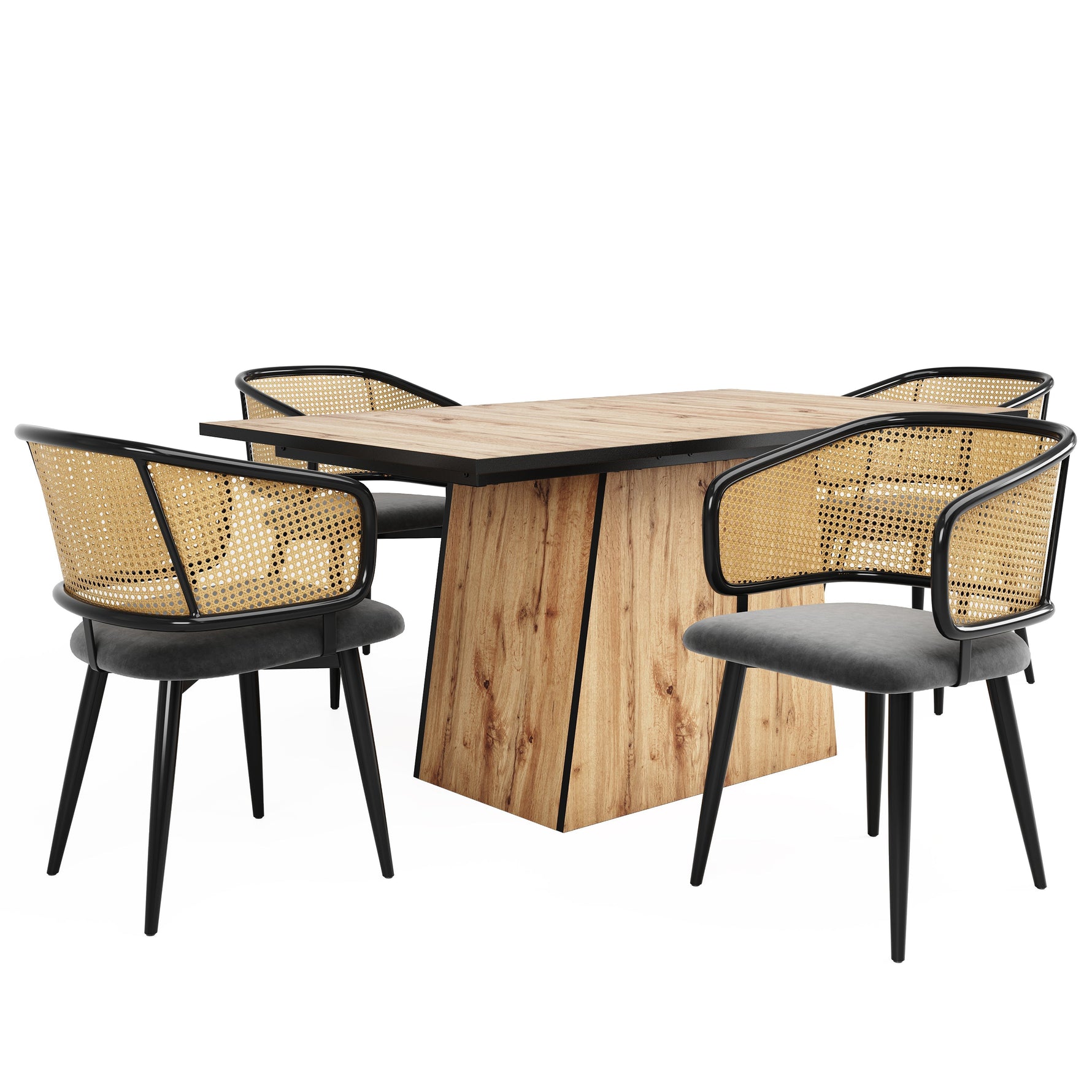 4 Dining Chairs - Rattan Back Velvet Cushion - Modern Style