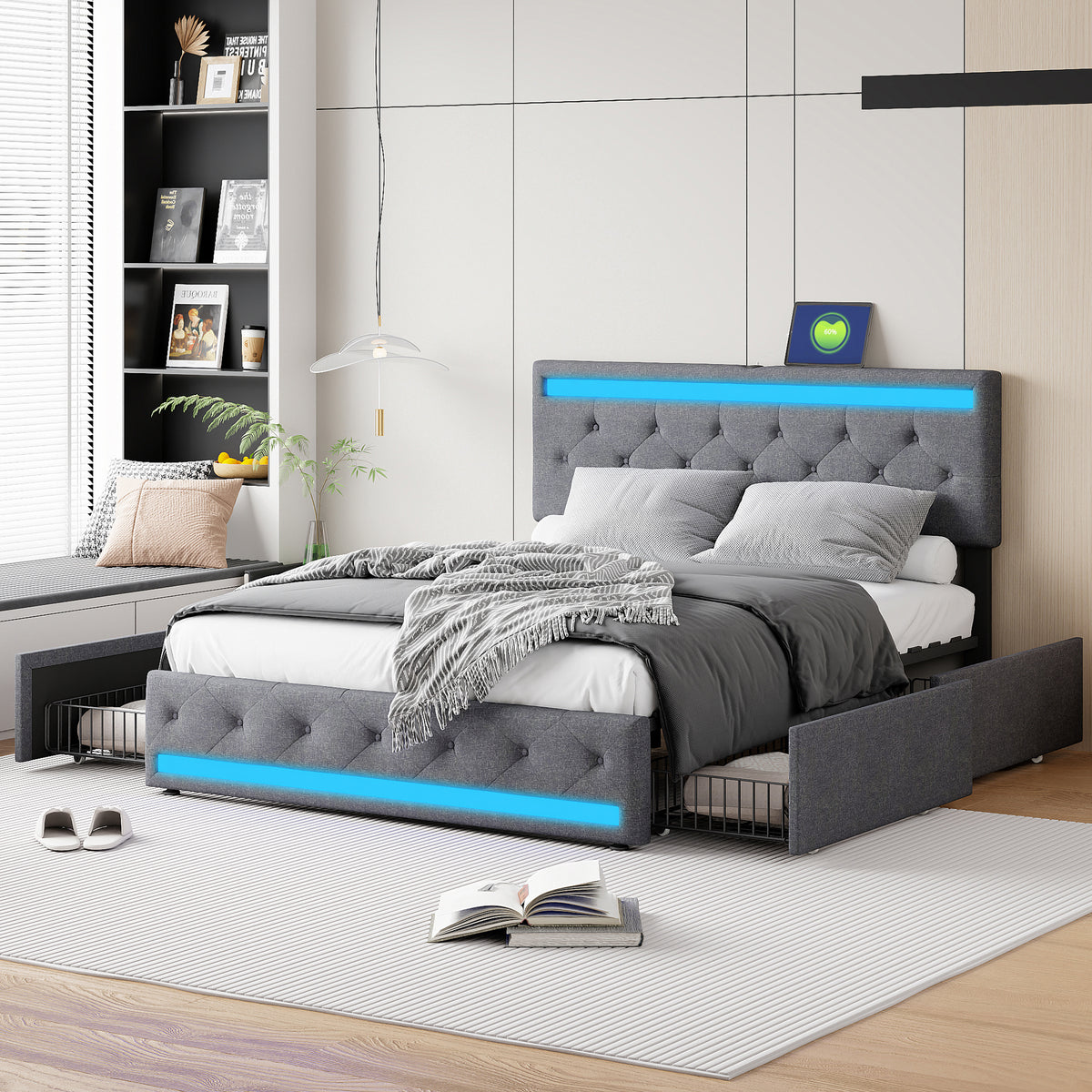 Upholstered Double Bed with Storage Drawers 180x200cm, Beige Velvet
