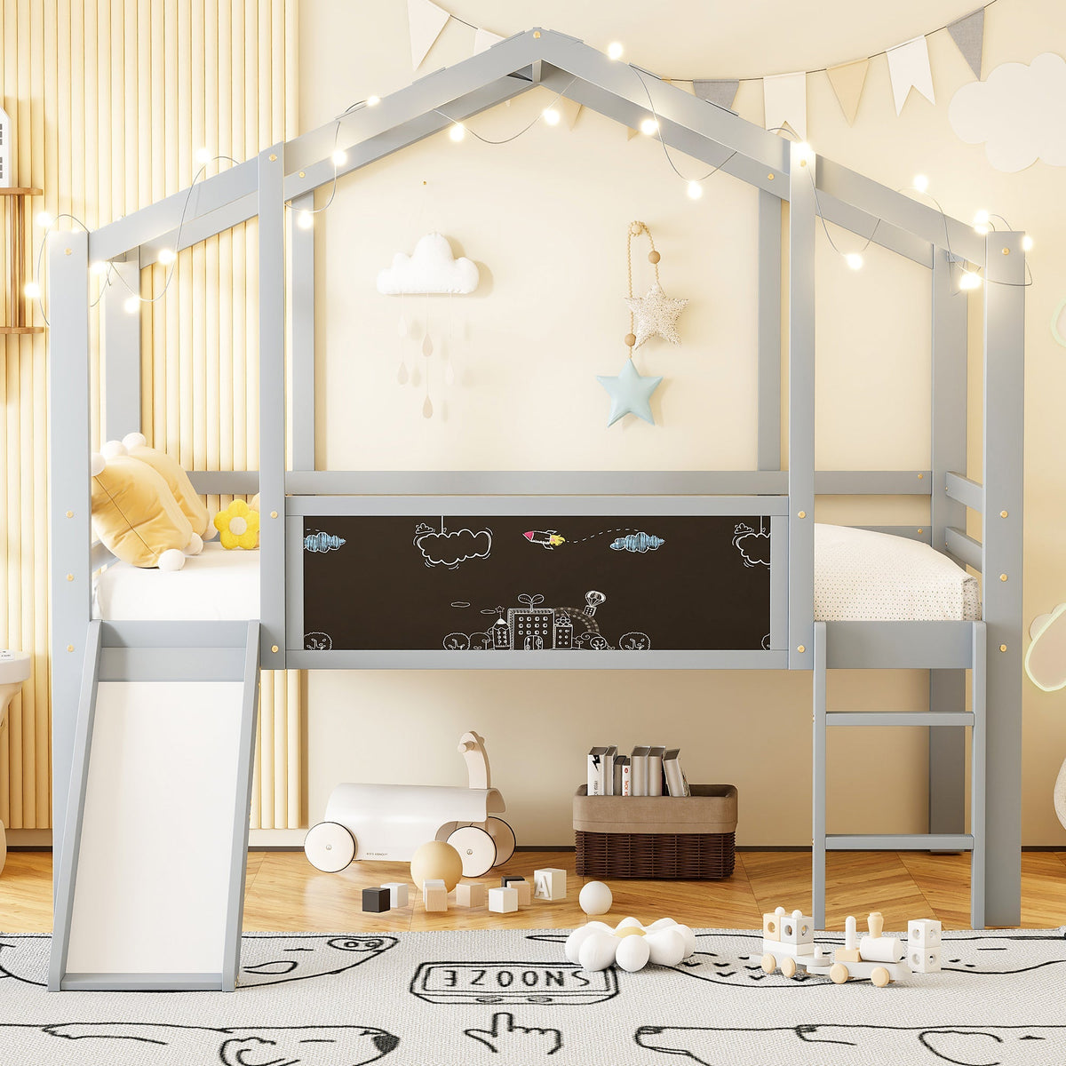 Children's Loft Bed 90x200cm, Slide, Ladder & Graffiti Board, Solid Wood Grey