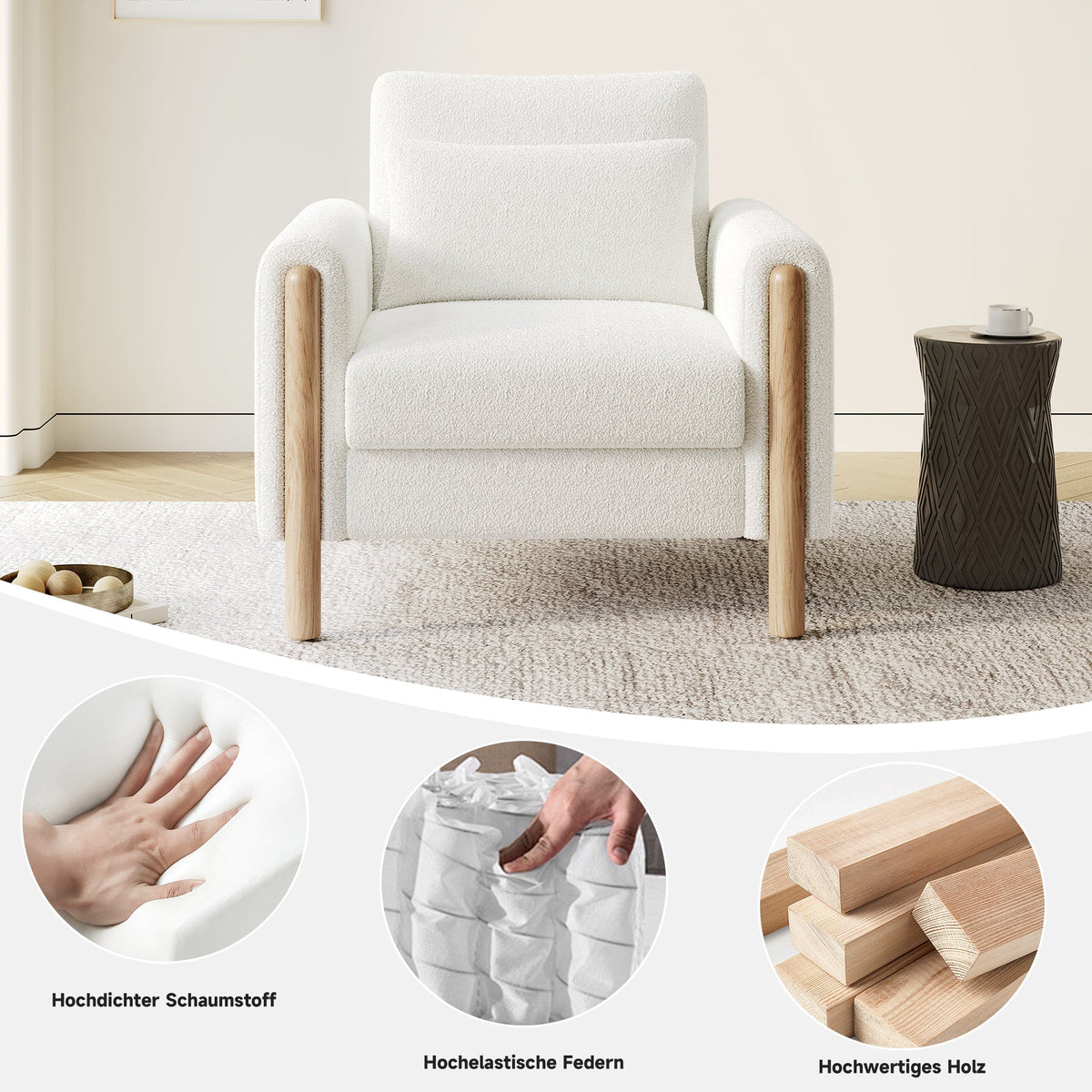 Armchair, Thick Cushion & Soft Upholstery, White