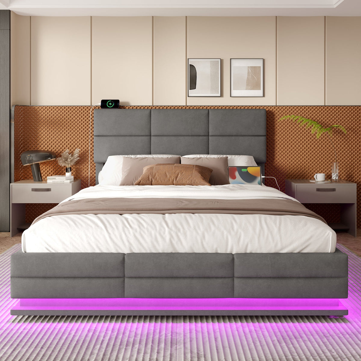 Modern Upholstered Bed 180x200cm Adjustable Headboard USB/LED Hydraulic Storage - Grey Velour