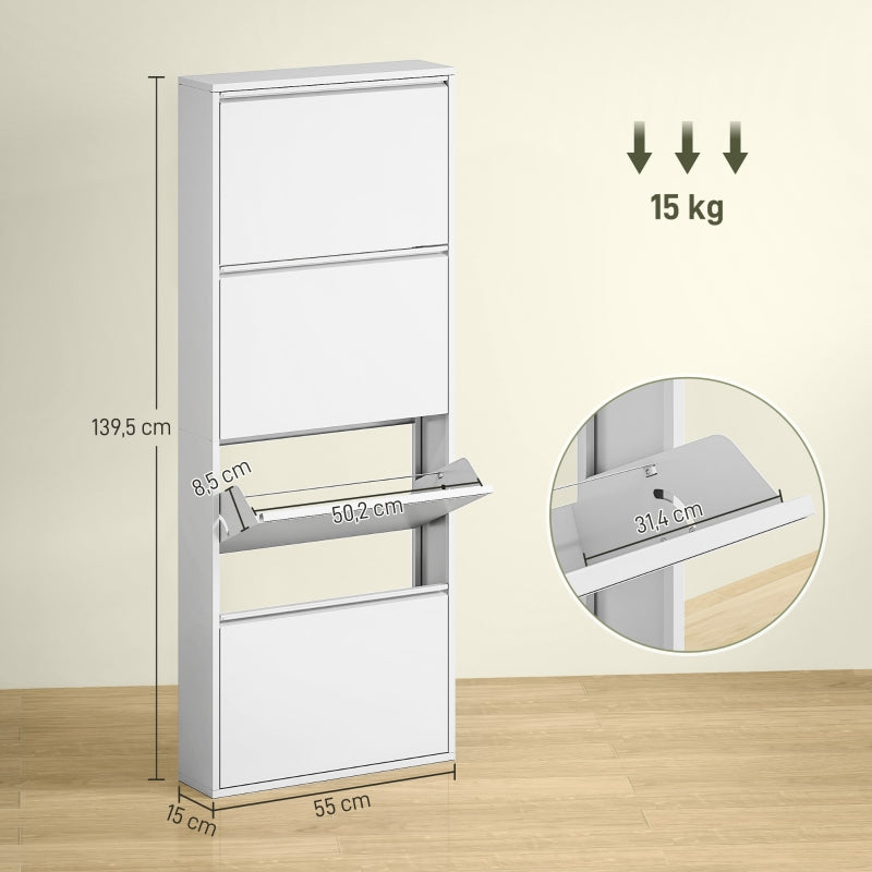 Metal Shoe Cabinet, 4 Doors Slim Shoe Rack, White