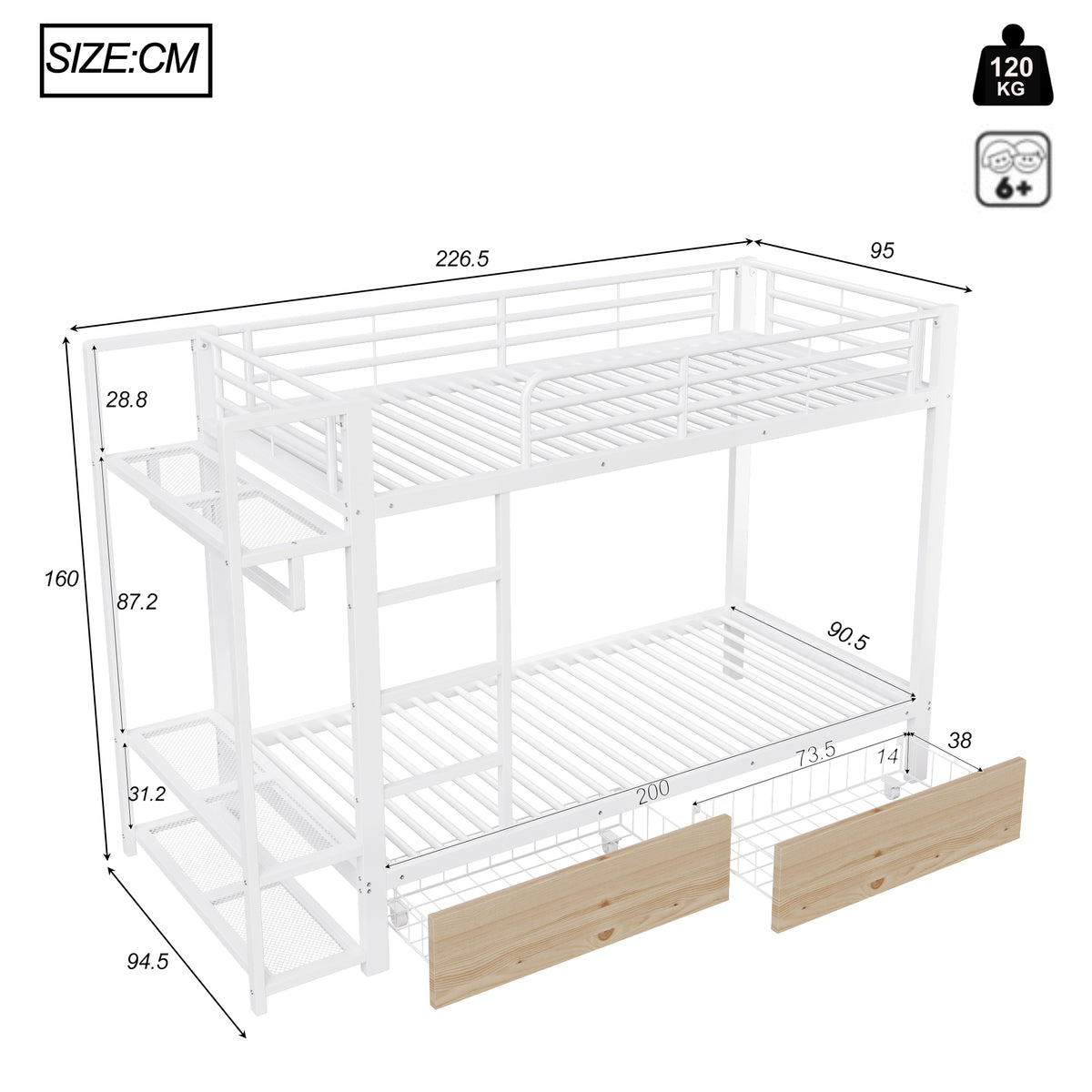 Bunk Bed 90x200 cm with Drawers & LED, White Iron Frame