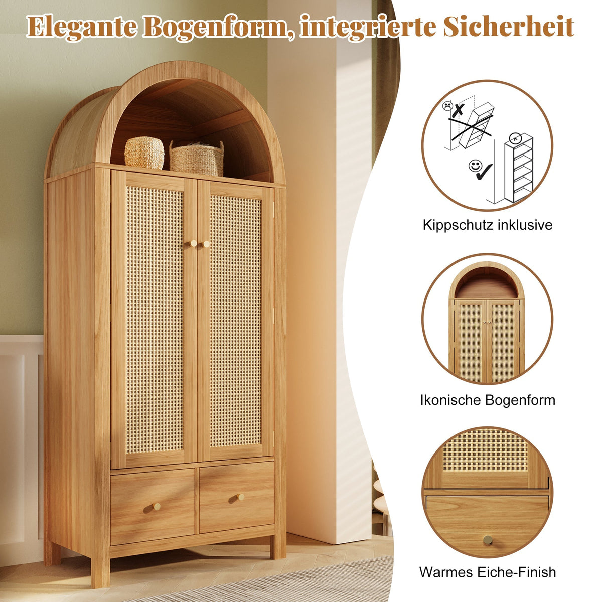 Wardrobe with Rattan Weave and 2 Doors, 181x78x45 cm, Oak Look