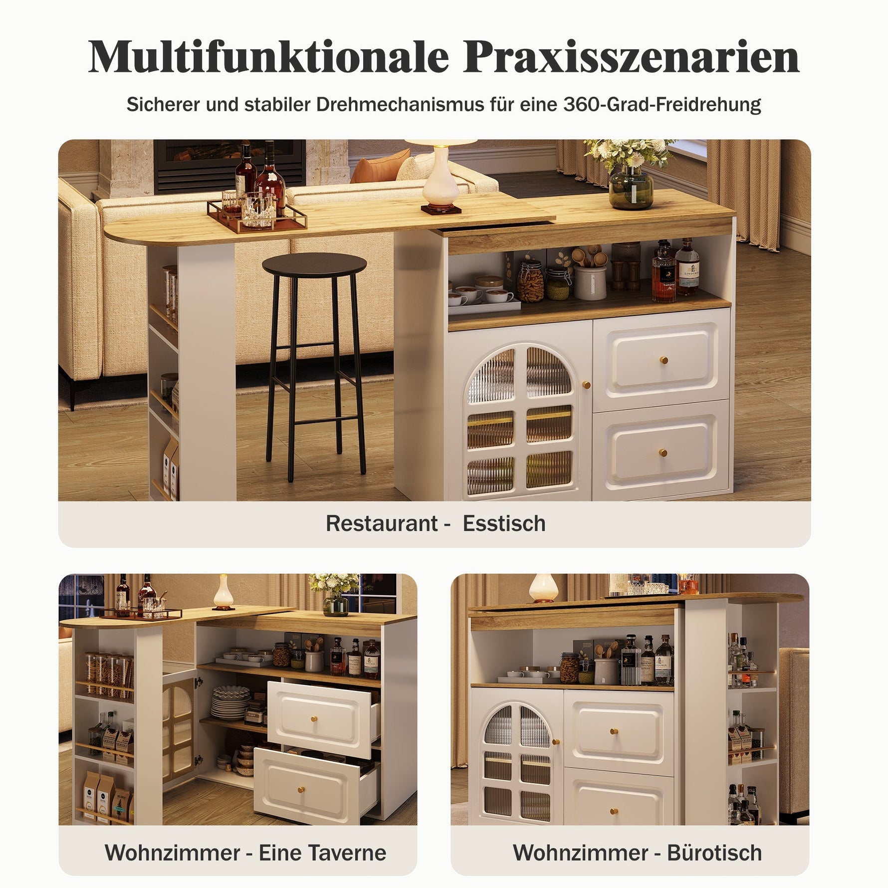 Rotating Dining Bar Sideboard 360° Swivel with 2 Drawers Snack Shelf Curved Glass White