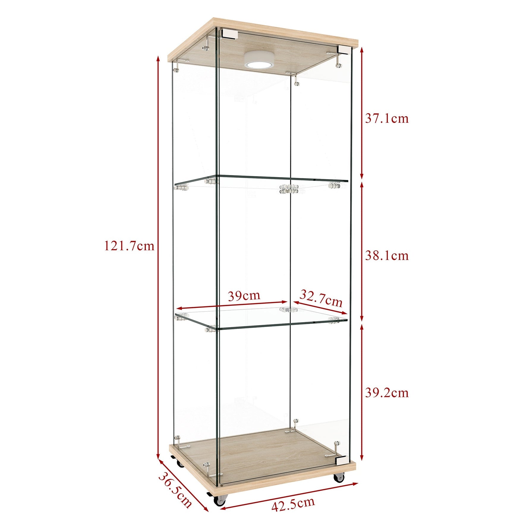Display Cabinet Modern LED Tempered Glass Single Door 3-Tier - Natural Wood Look