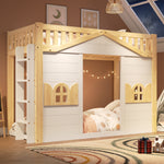 House Bunk Bed 90x200cm Loft Bed with Window, White & Natural Wood