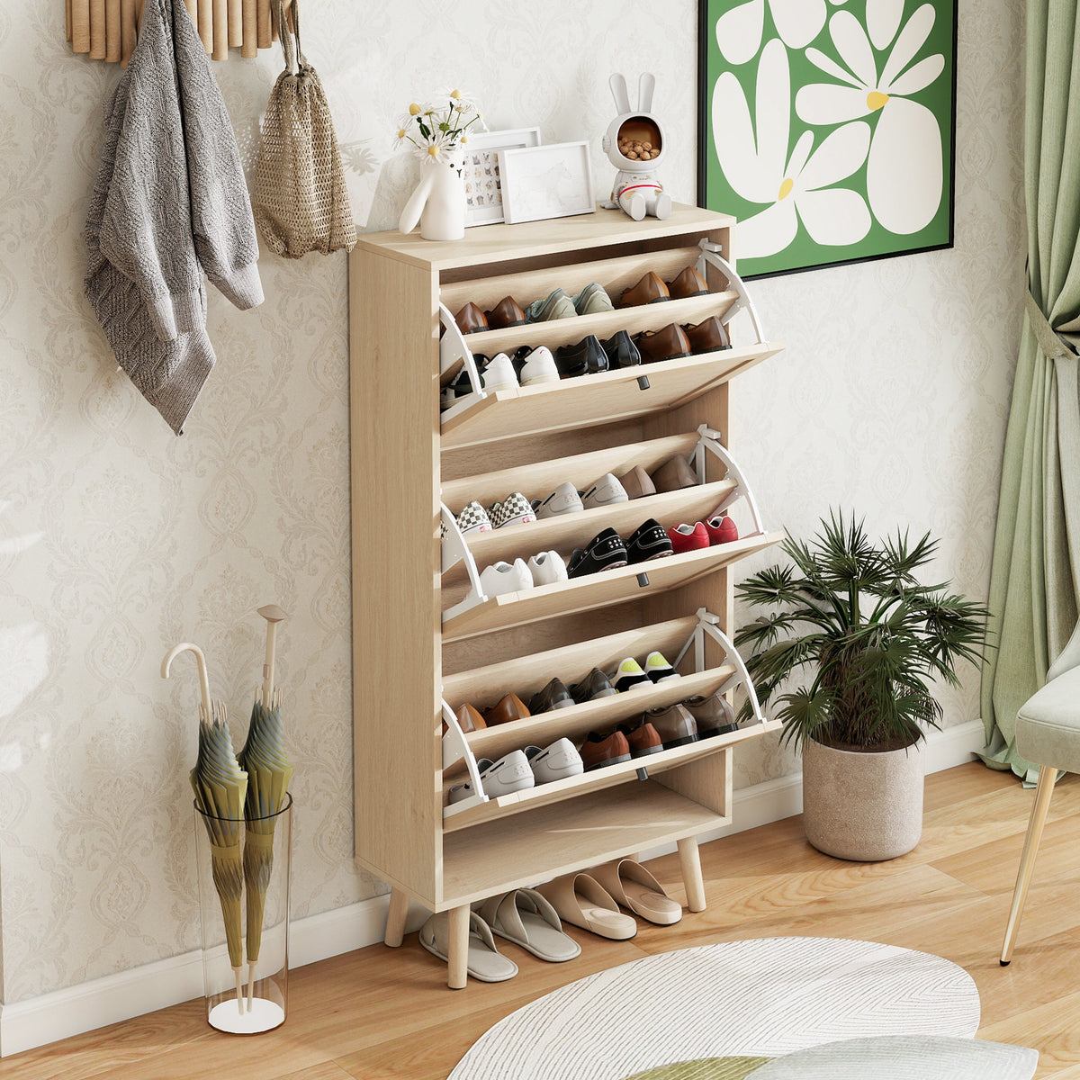 Shoe Cabinet with Three Levels, 121cm High, Natural