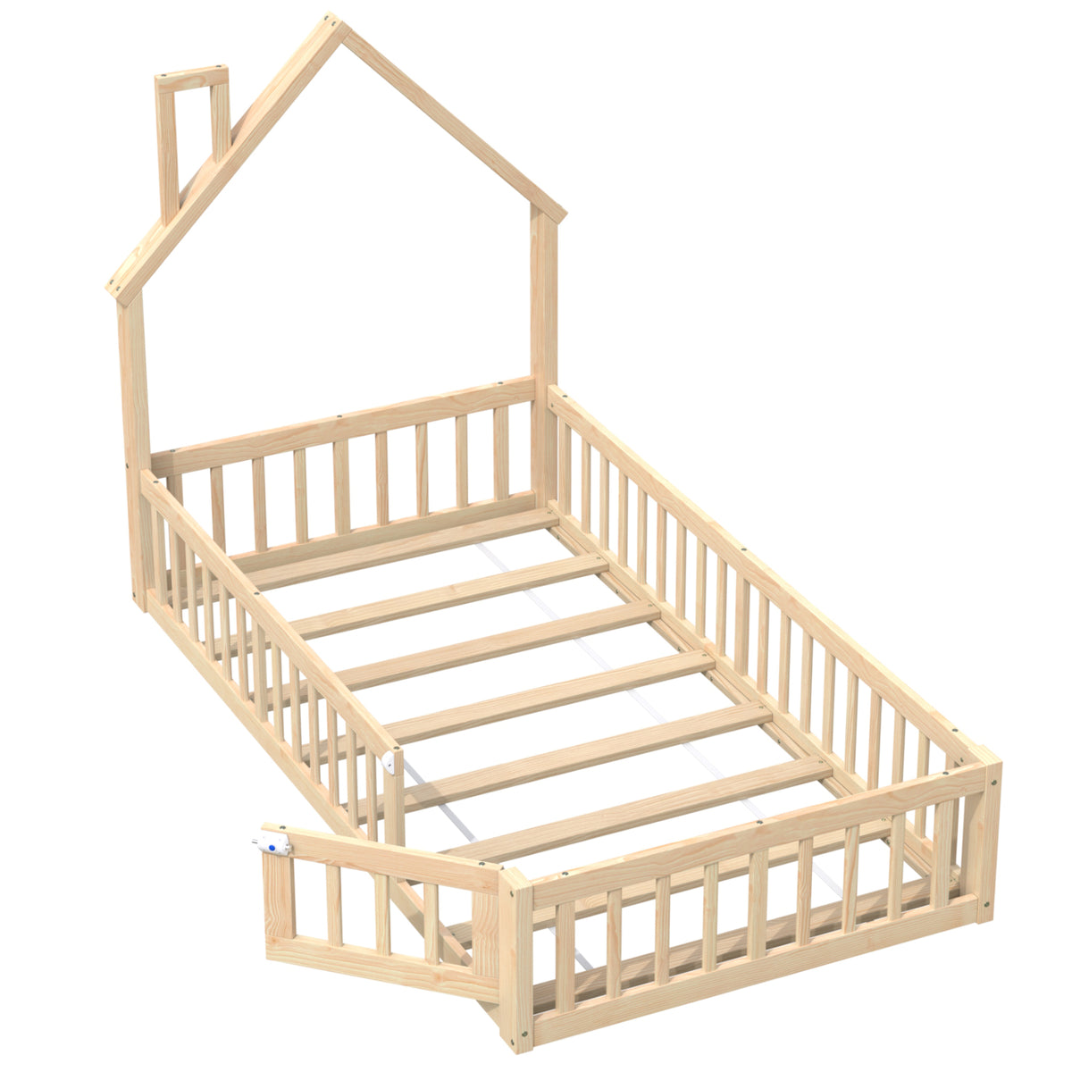 Children's House Bed 90x200 cm Chimney Shape, Natural Pine Wood