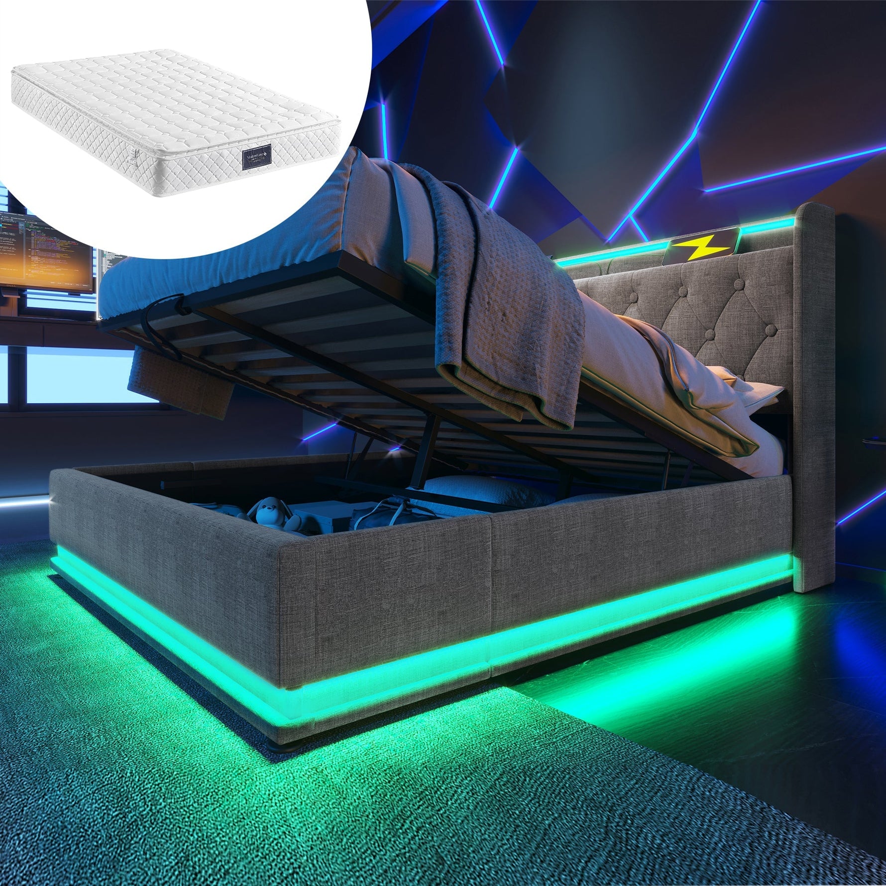 Upholstered Bed, 360 LED Hydraulic Storage with USB, Gray Linen